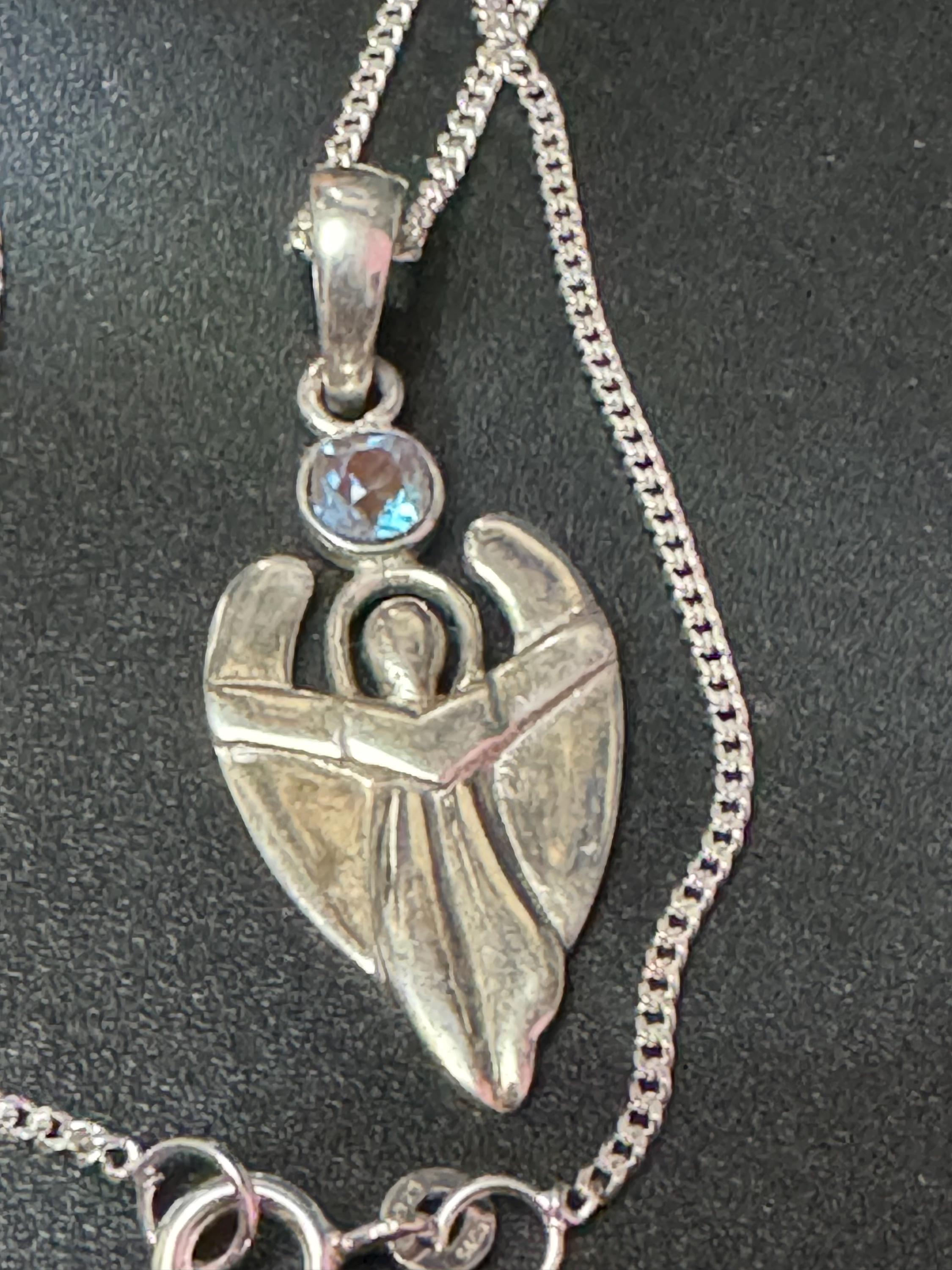925 sterling silver Czech saphiret gemstone angel pendant and fine chain