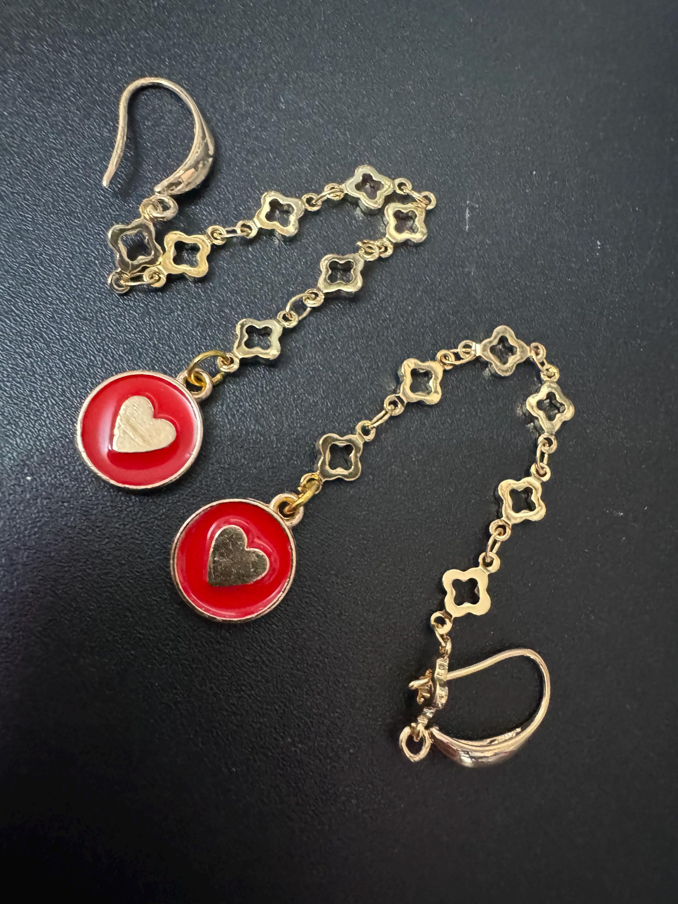 long 18k Gold plated red enamel love heart fancy chain link earrings for pierced ears