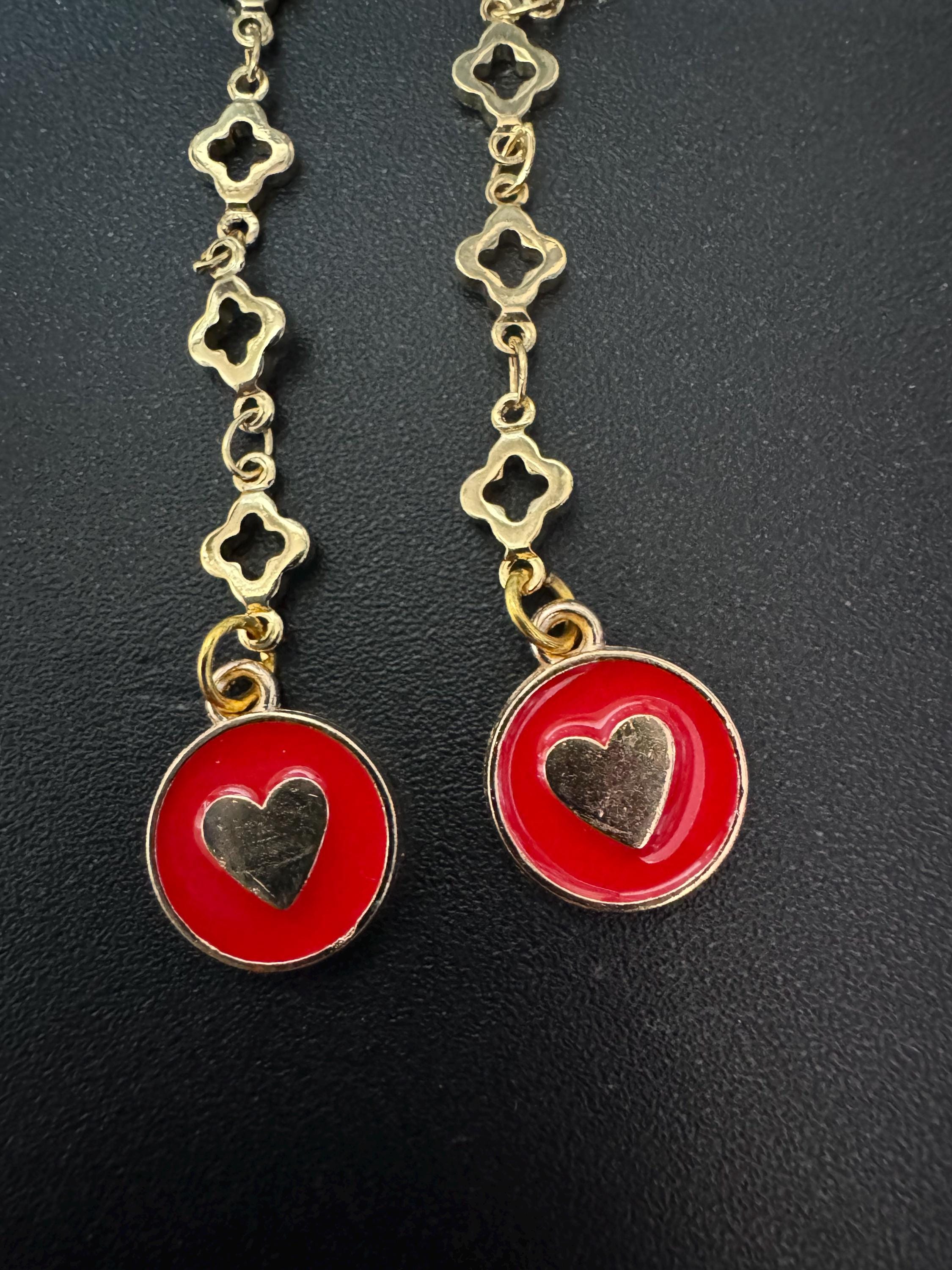 11cm long 18k Gold plated red enamel love heart fancy chain link earrings for pierced ears