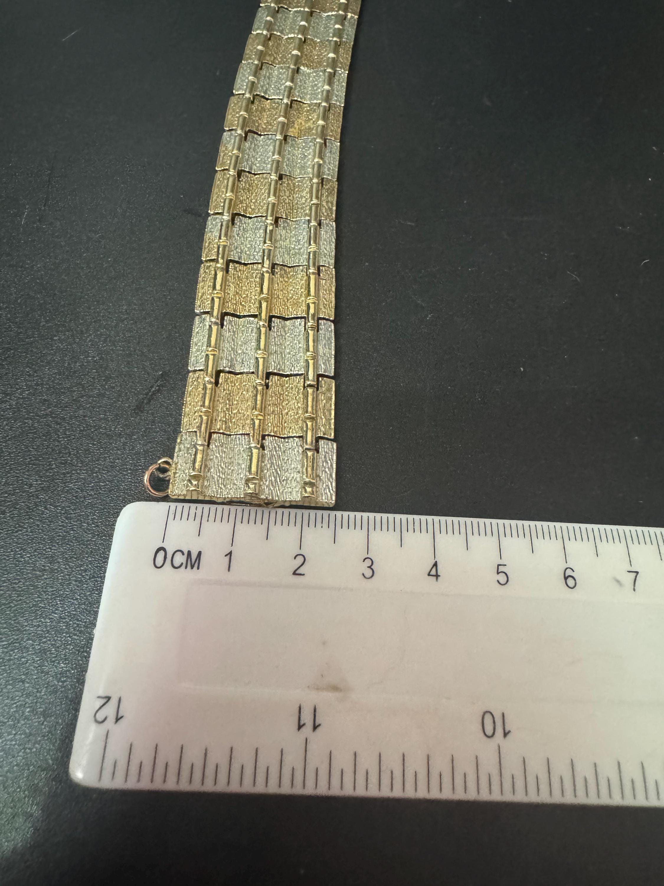 Vintage gold and silver tone panel link bracelet 17.5cm x 2.5cm mid century