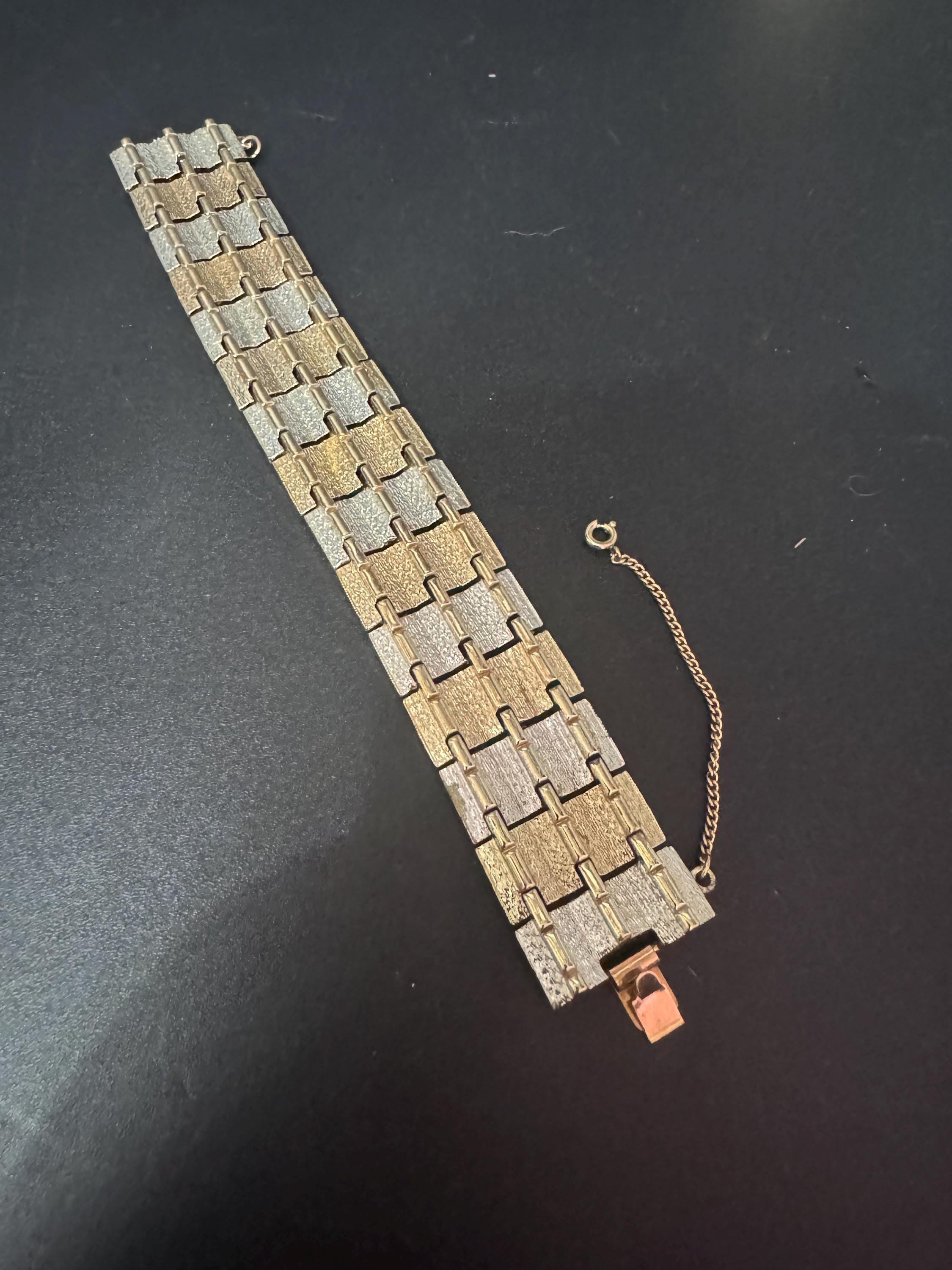 Vintage gold and silver tone panel link bracelet 17.5cm x 2.5cm mid century