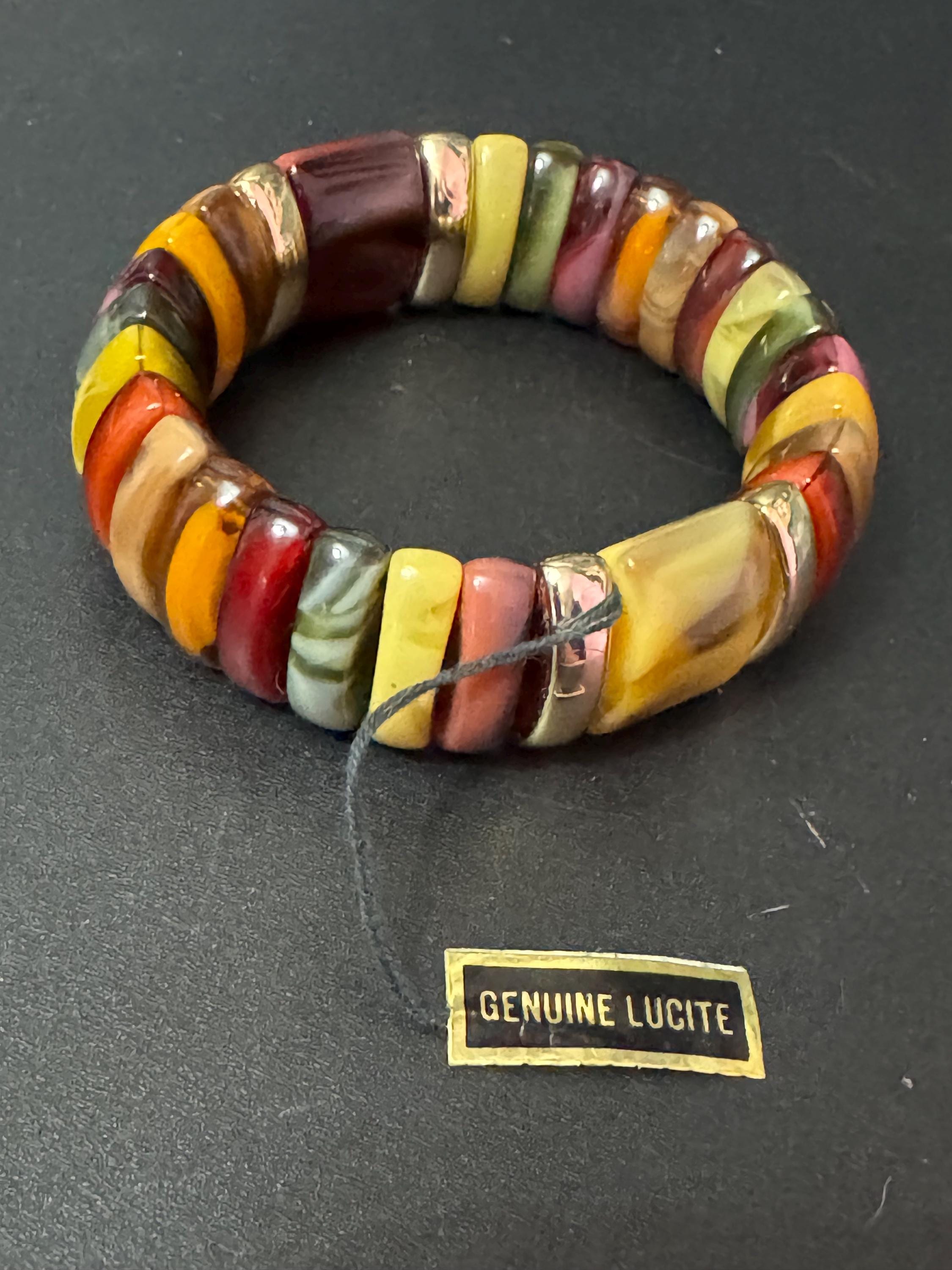 Vintage genuine Lucite early plastic beaded brown orange green wide stretch bracelet Vintage 60’s 70s