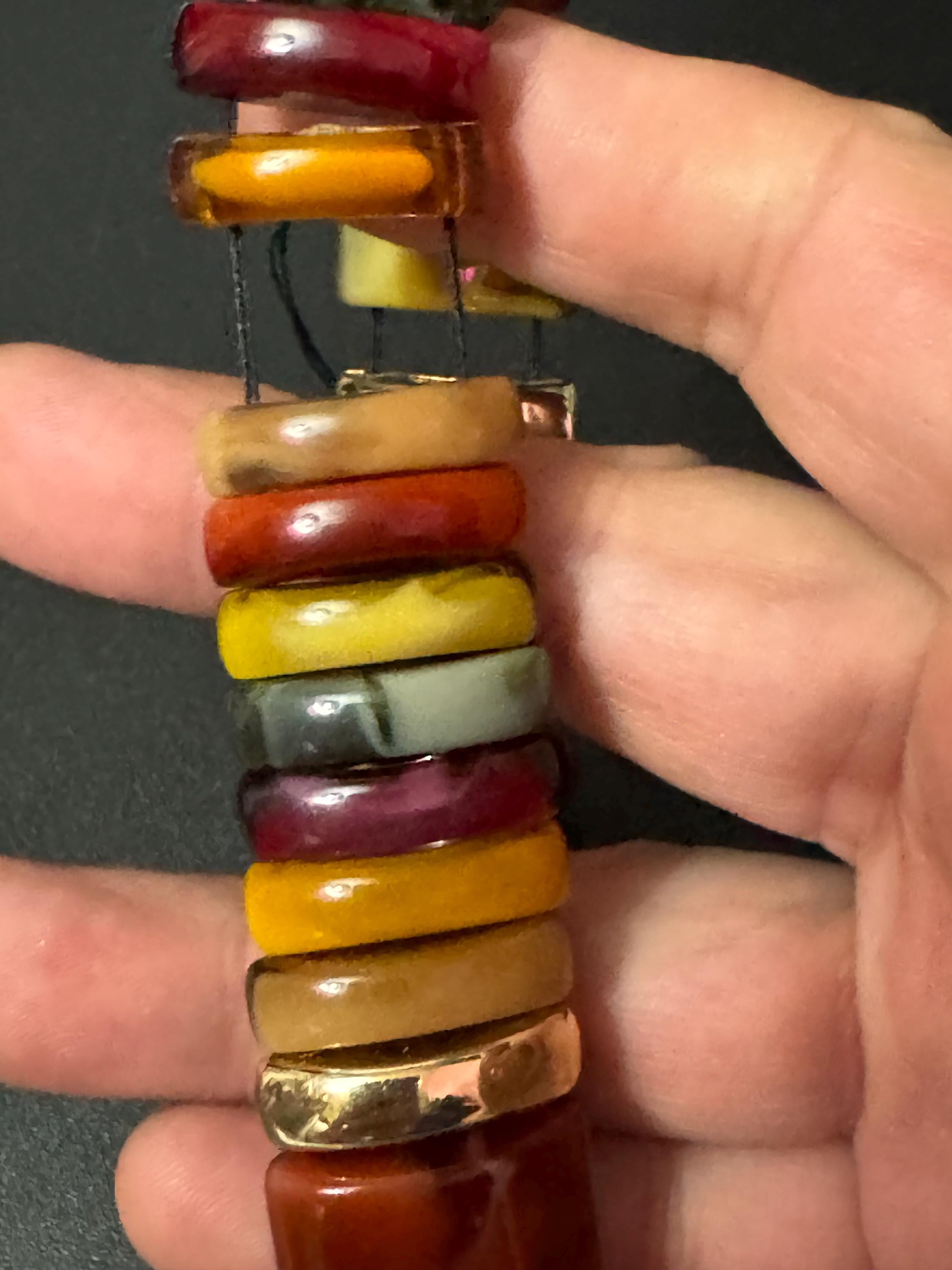 Vintage genuine Lucite early plastic beaded brown orange green wide stretch bracelet Vintage 60’s 70s