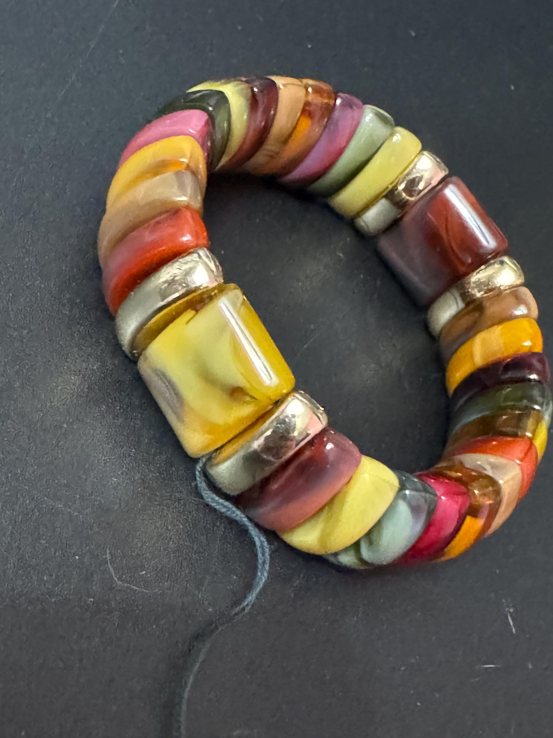 Vintage genuine Lucite early plastic beaded brown orange green wide stretch bracelet Vintage 60’s 70s