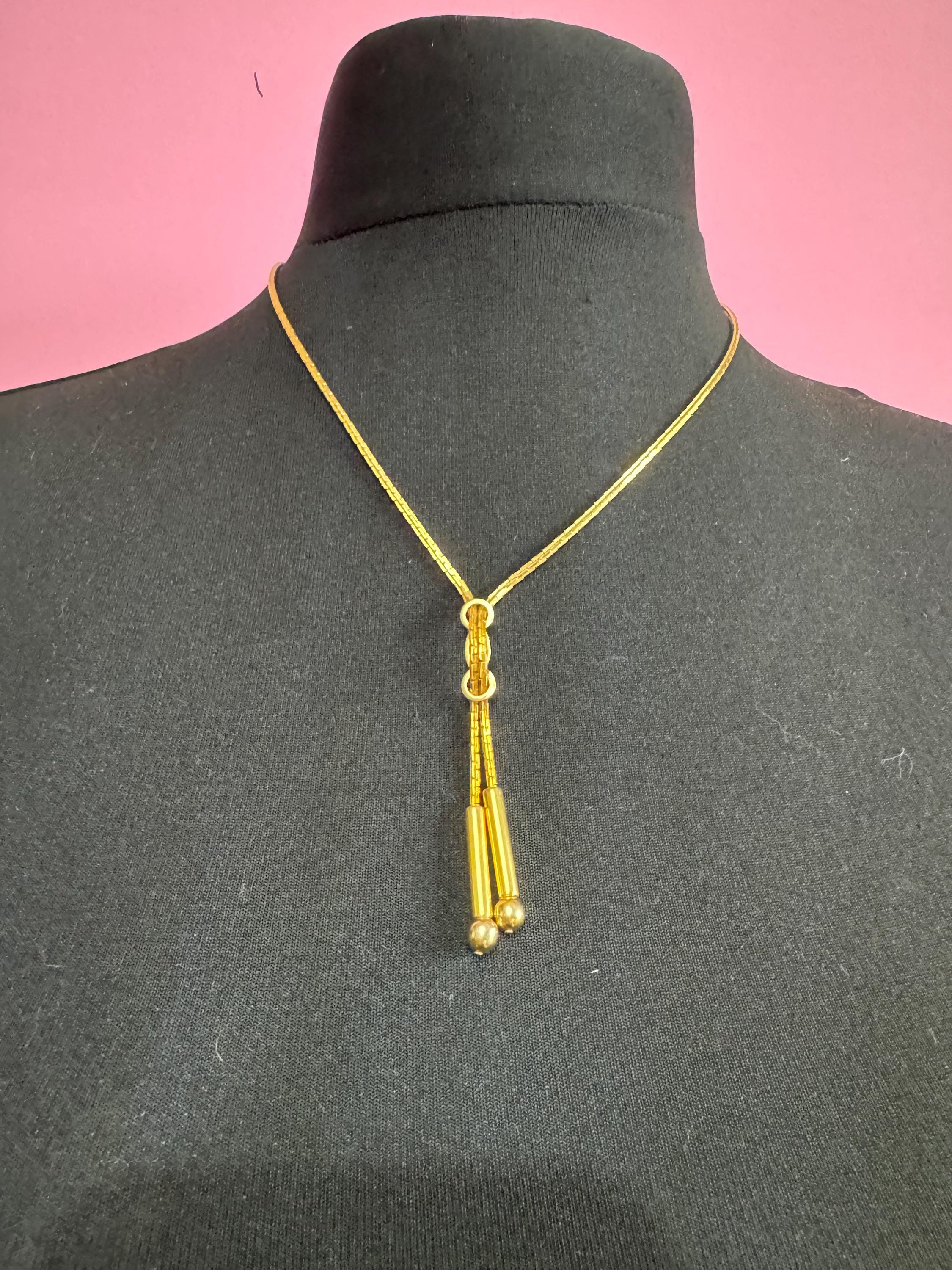Signed YR Vintage 1970s gold tone chain negligee long drop necklace Yves Rocher