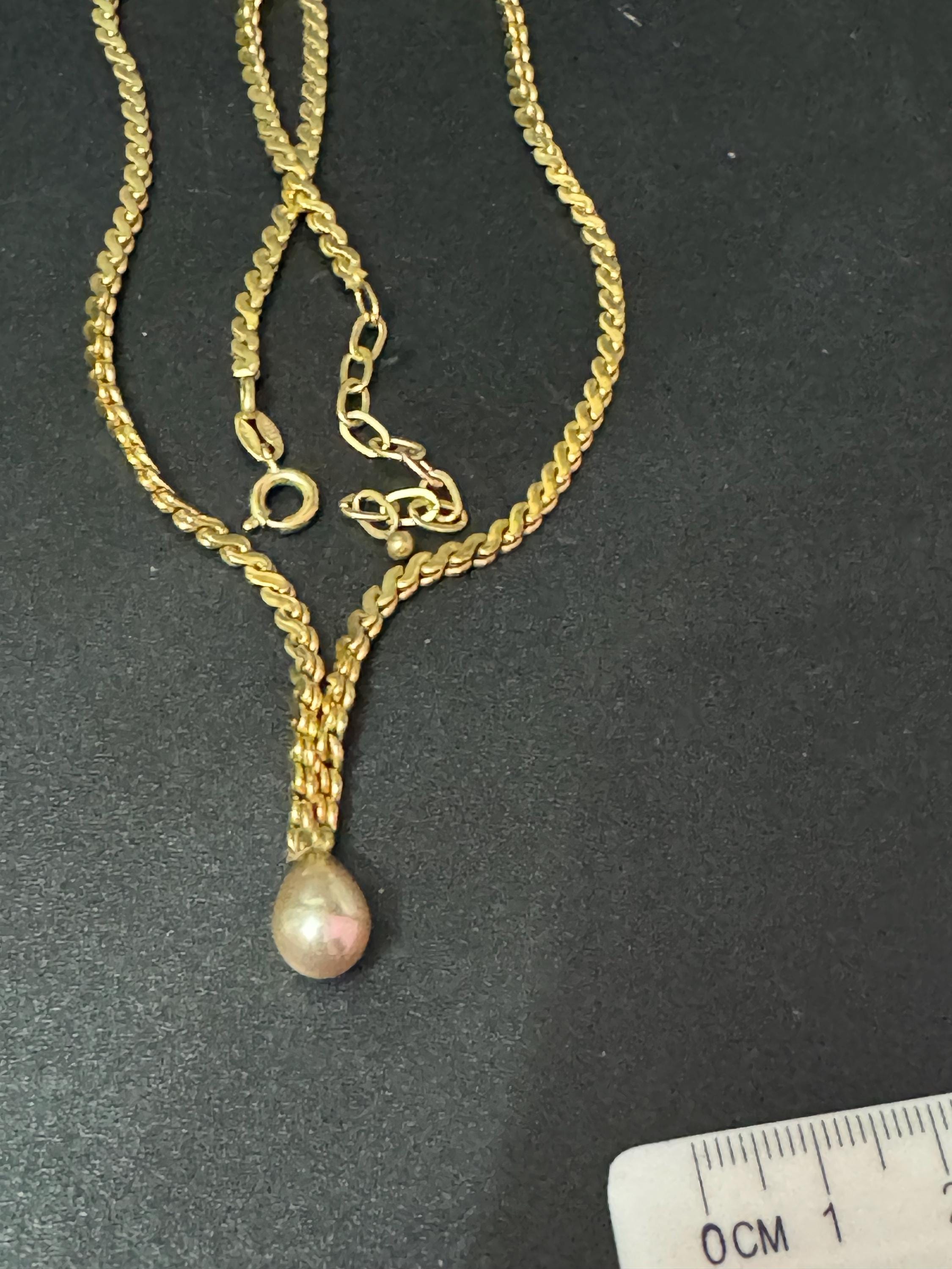 Signed Germany Vintage rolled gold tone lariat faux pearl teardrop drop serpentine chain necklace