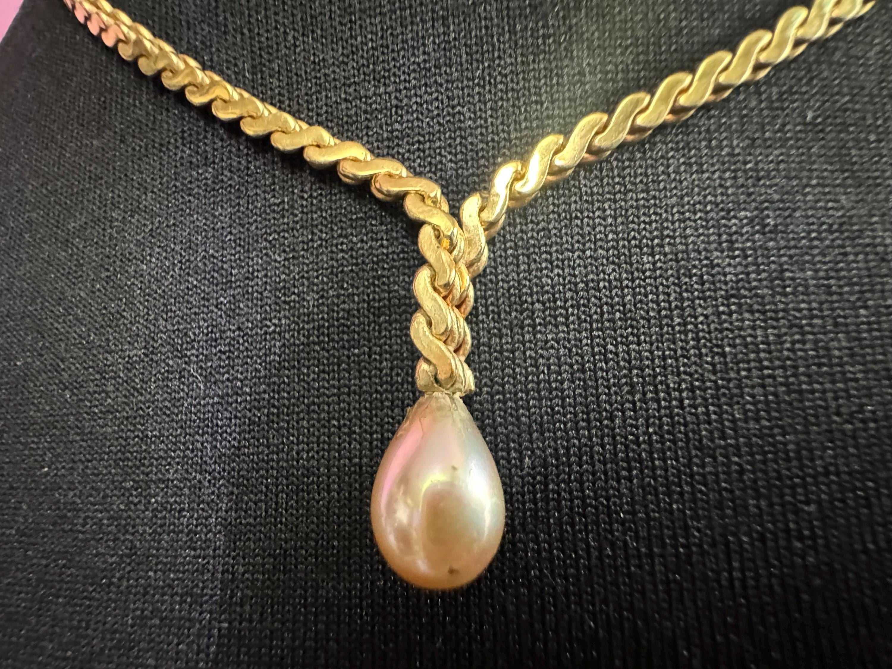 Signed Germany Vintage rolled gold tone lariat faux pearl teardrop drop serpentine chain necklace