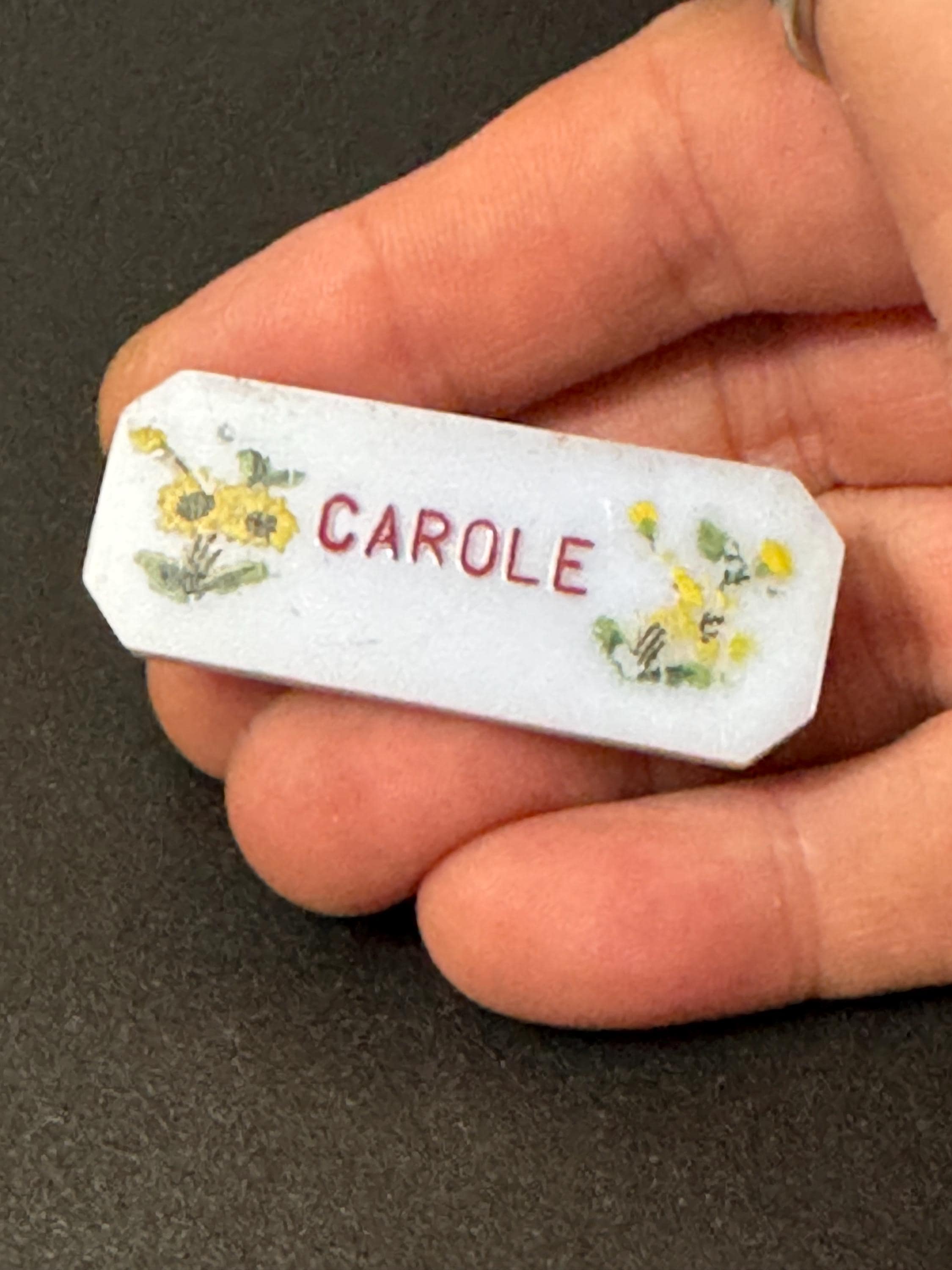 Early Vintage light blue early plastic Carole name brooch 1940s