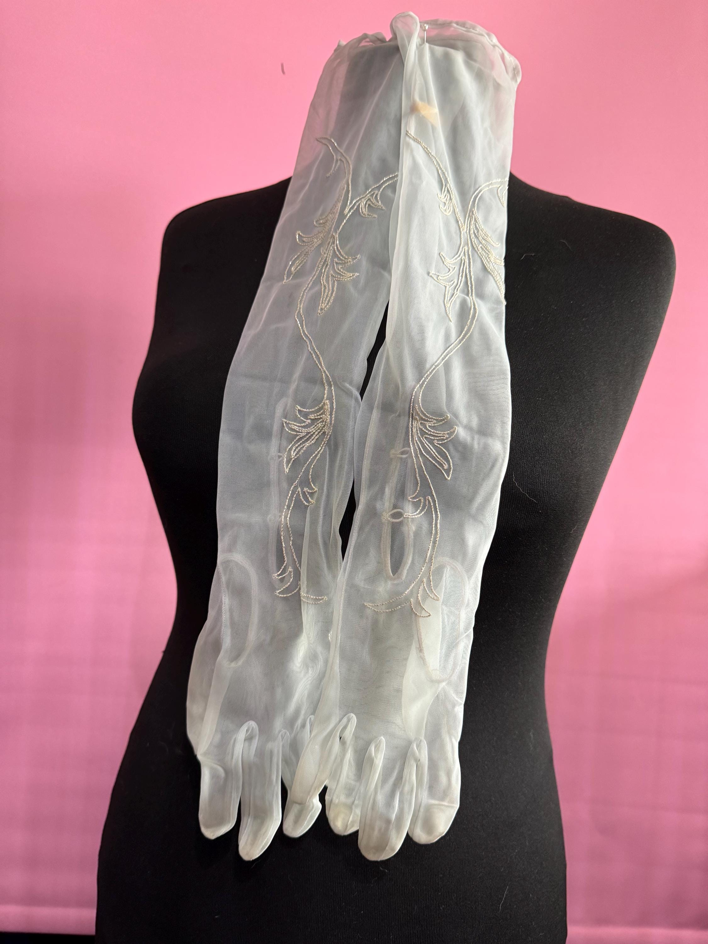 Size 6.5 DENTS Vintage pale blue Net Chiffon Formal sheer embroidered silver thread Cocktail evening gloves, 2 buttons 52cm long