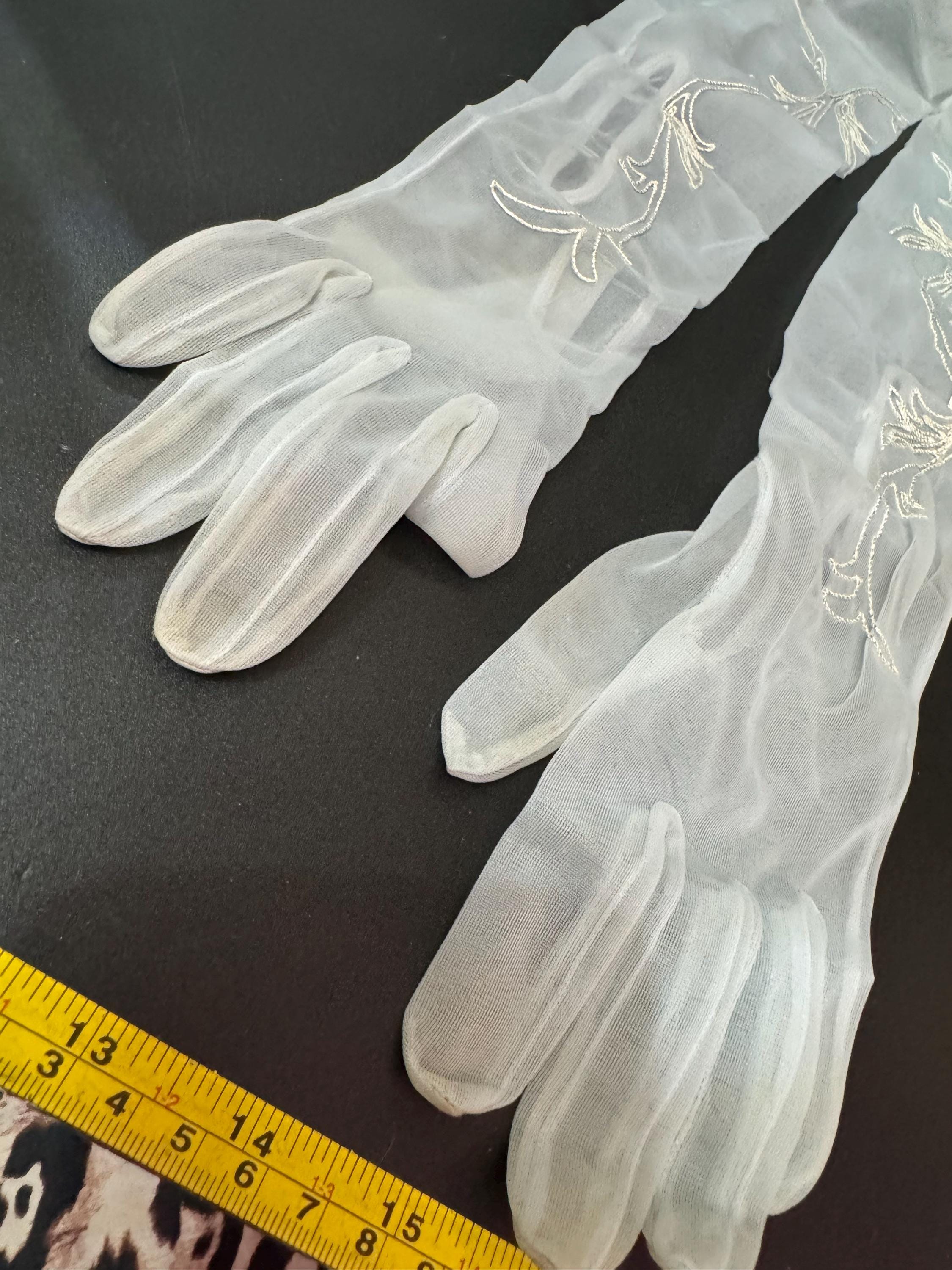 Size 6.5 DENTS Vintage pale blue Net Chiffon Formal sheer embroidered silver thread Cocktail evening gloves, 2 buttons 52cm long