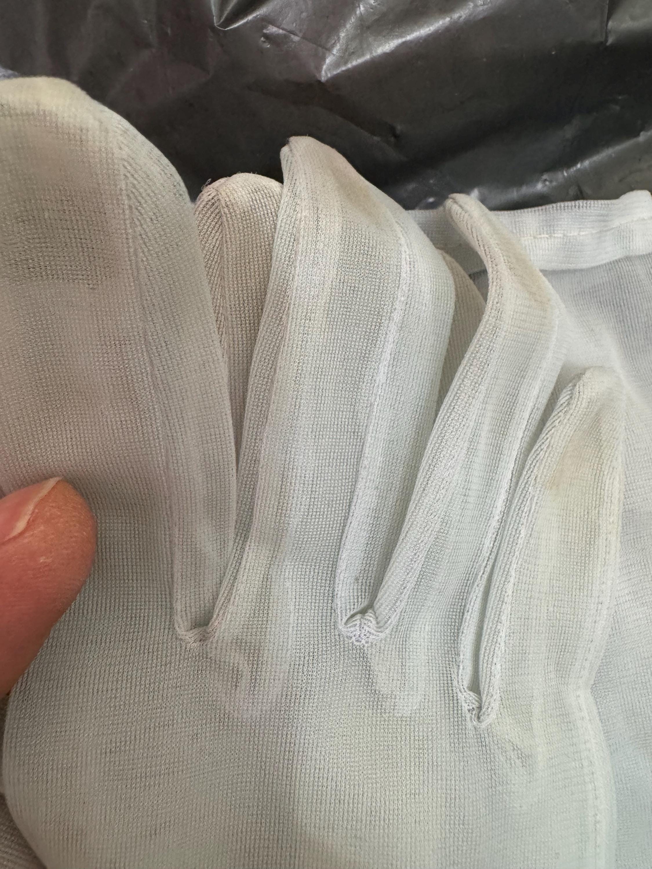 Size 6.5 DENTS Vintage pale blue Net Chiffon Formal sheer embroidered silver thread Cocktail evening gloves, 2 buttons 52cm long