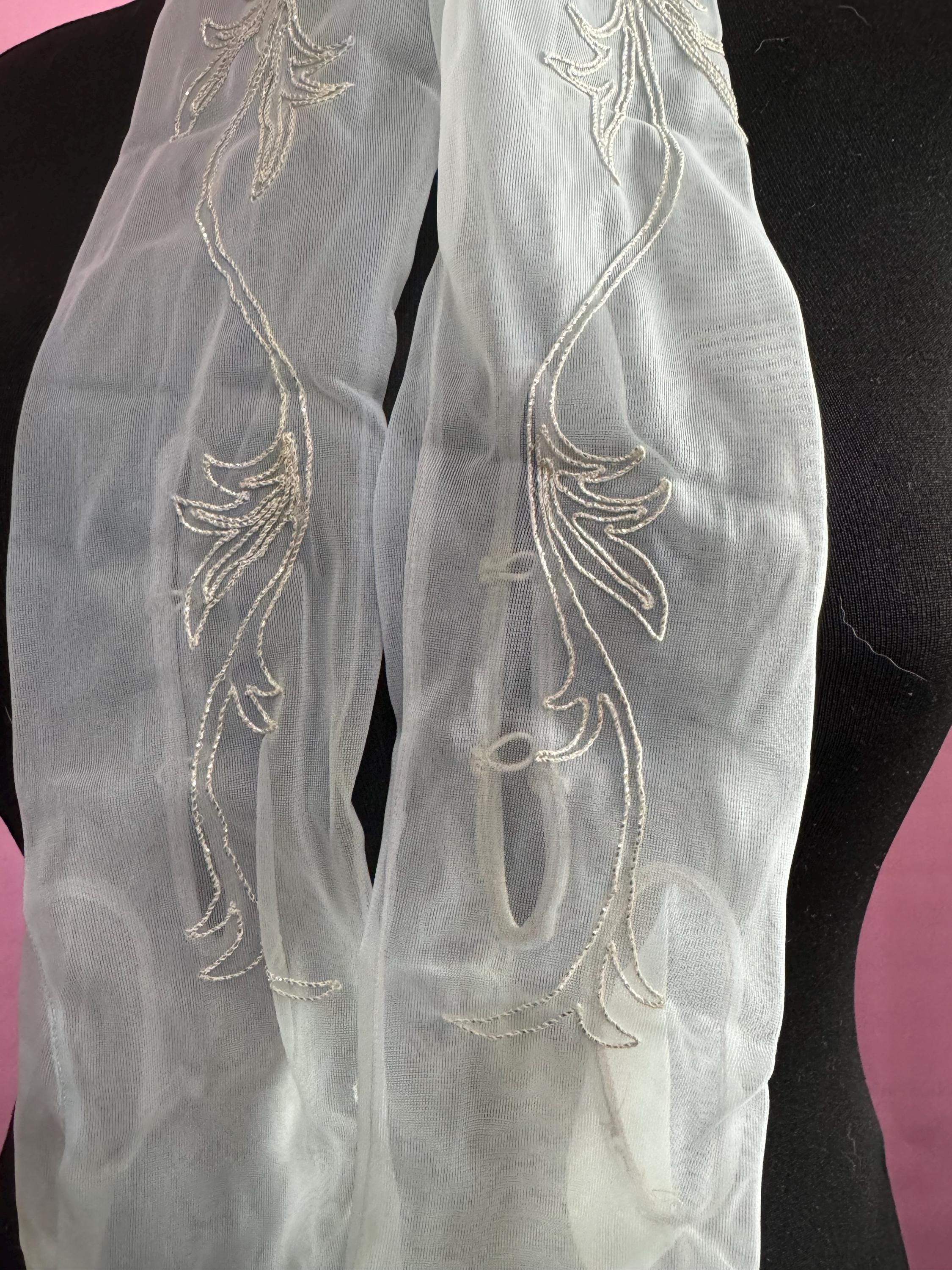 Size 6.5 DENTS Vintage pale blue Net Chiffon Formal sheer embroidered silver thread Cocktail evening gloves, 2 buttons 52cm long