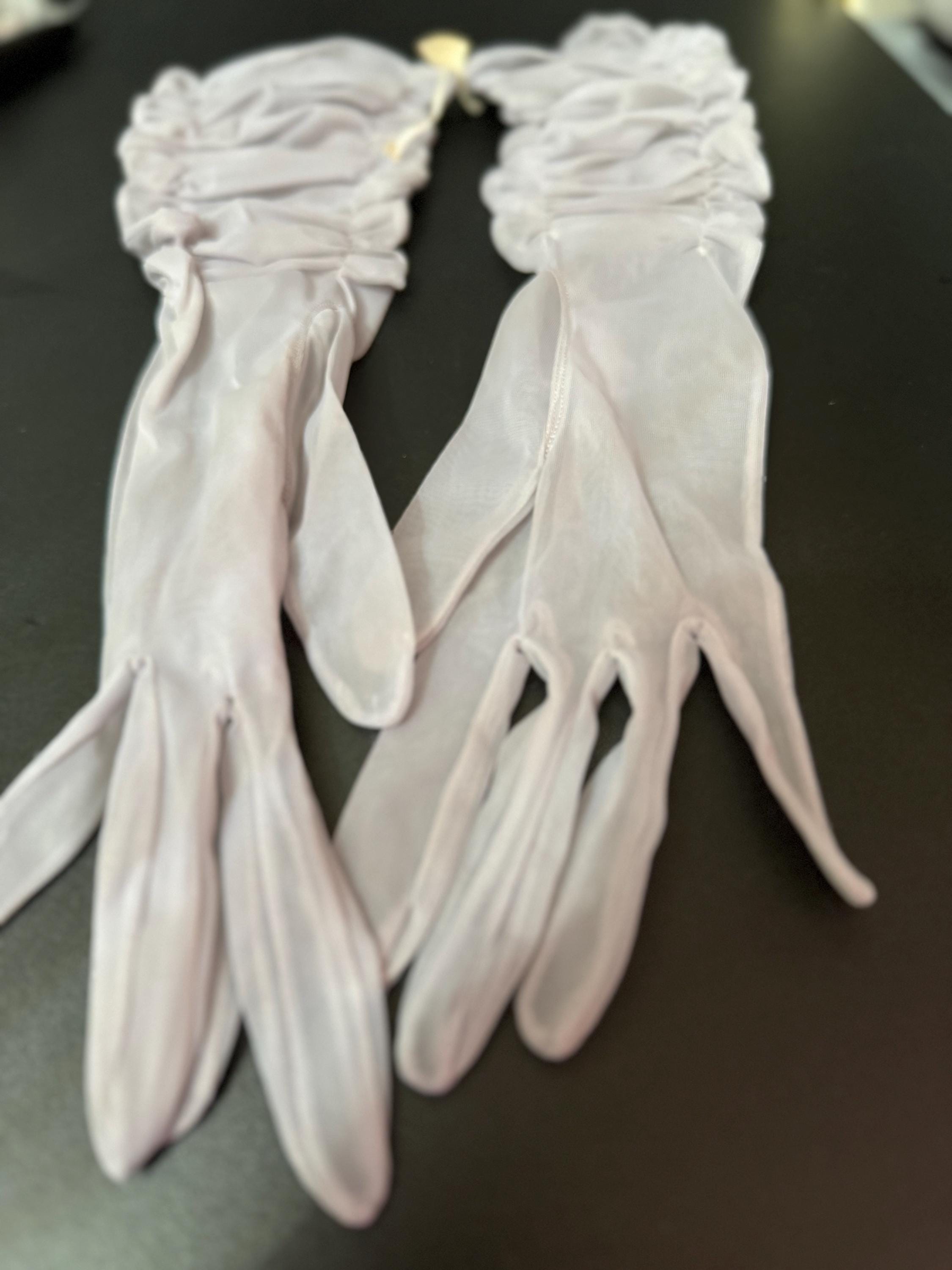Size 7 Vintage pale dusky purple Chiffon Formal sheer Cocktail evening gloves, ruched 31cm long laid flat