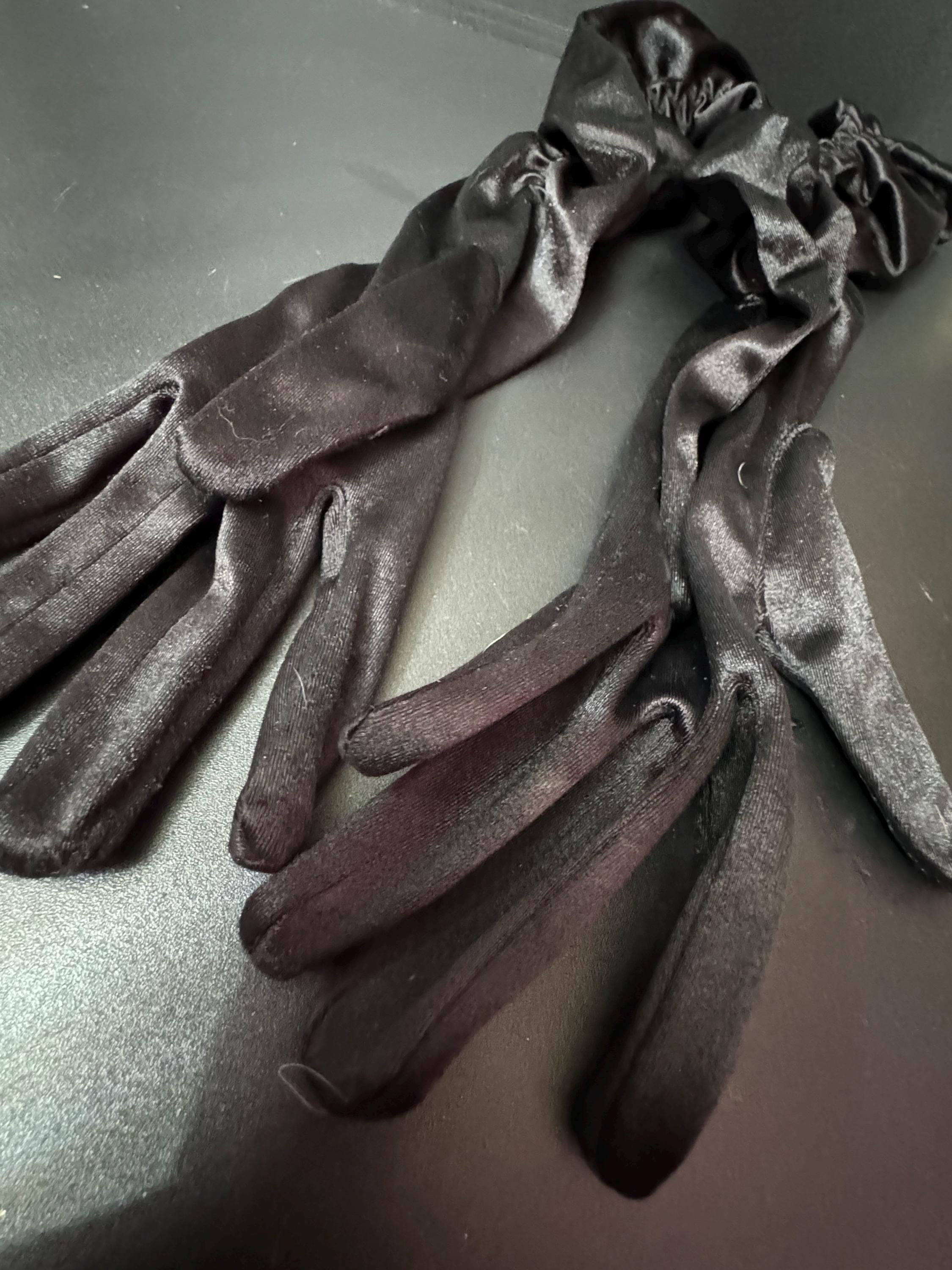 Size 7.5 M L RUCHED long black cocktail evening Gloves Vintage 39cm