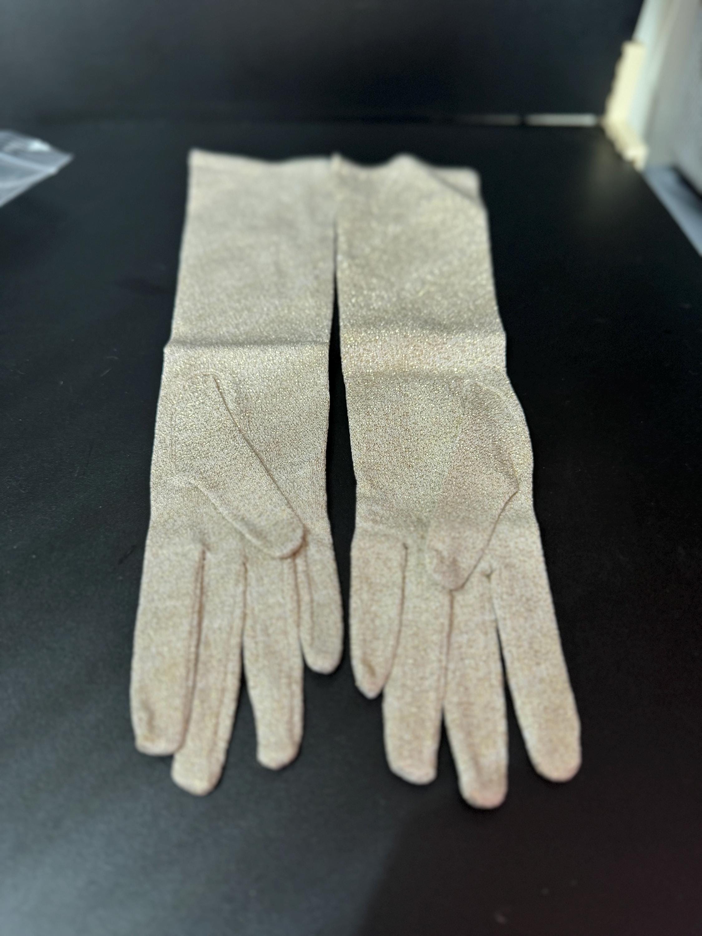 Size 6.5 Vintage pinklaw GOLD LUREX Cream Ivory Formal long cocktail evening Gloves 38cm