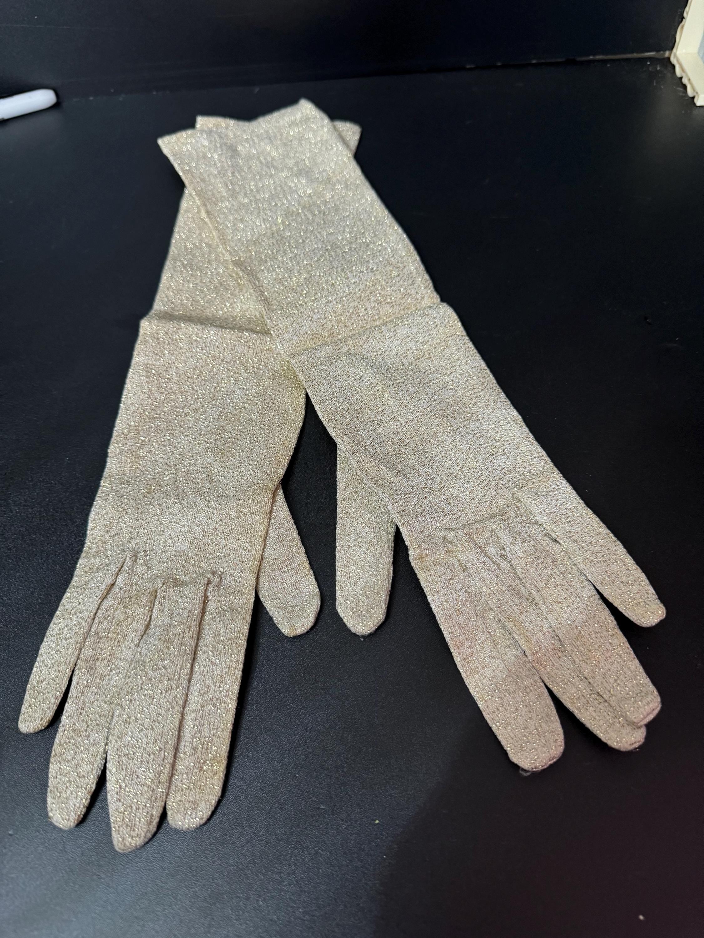 Size 7.5 Vintage 2 button GOLD LUREX Cream Ivory Formal long elbow length cocktail evening Gloves 49cm