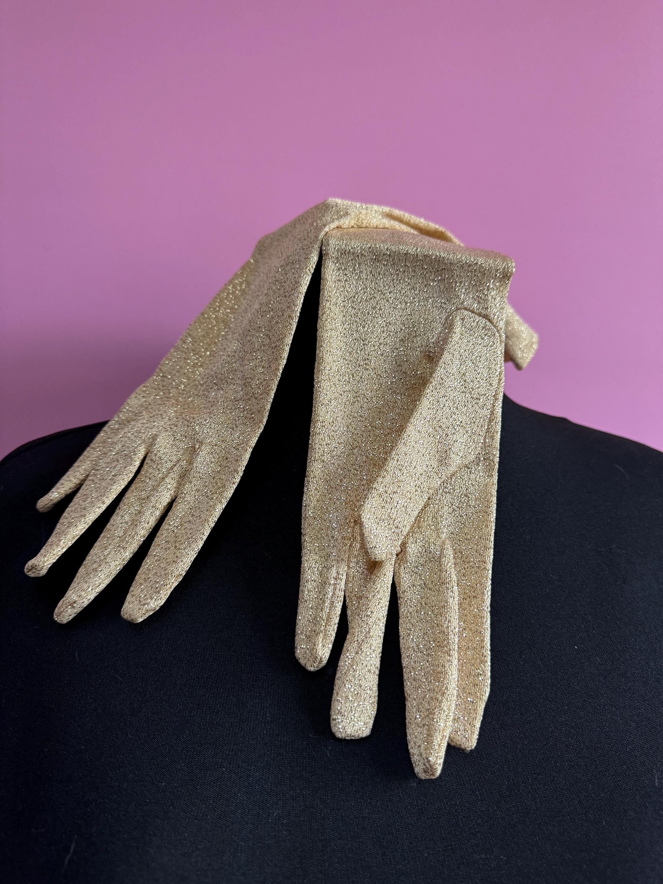 Size 7 Vintage bright GOLD LUREX Cream Ivory Formal long cocktail evening Gloves 38cm