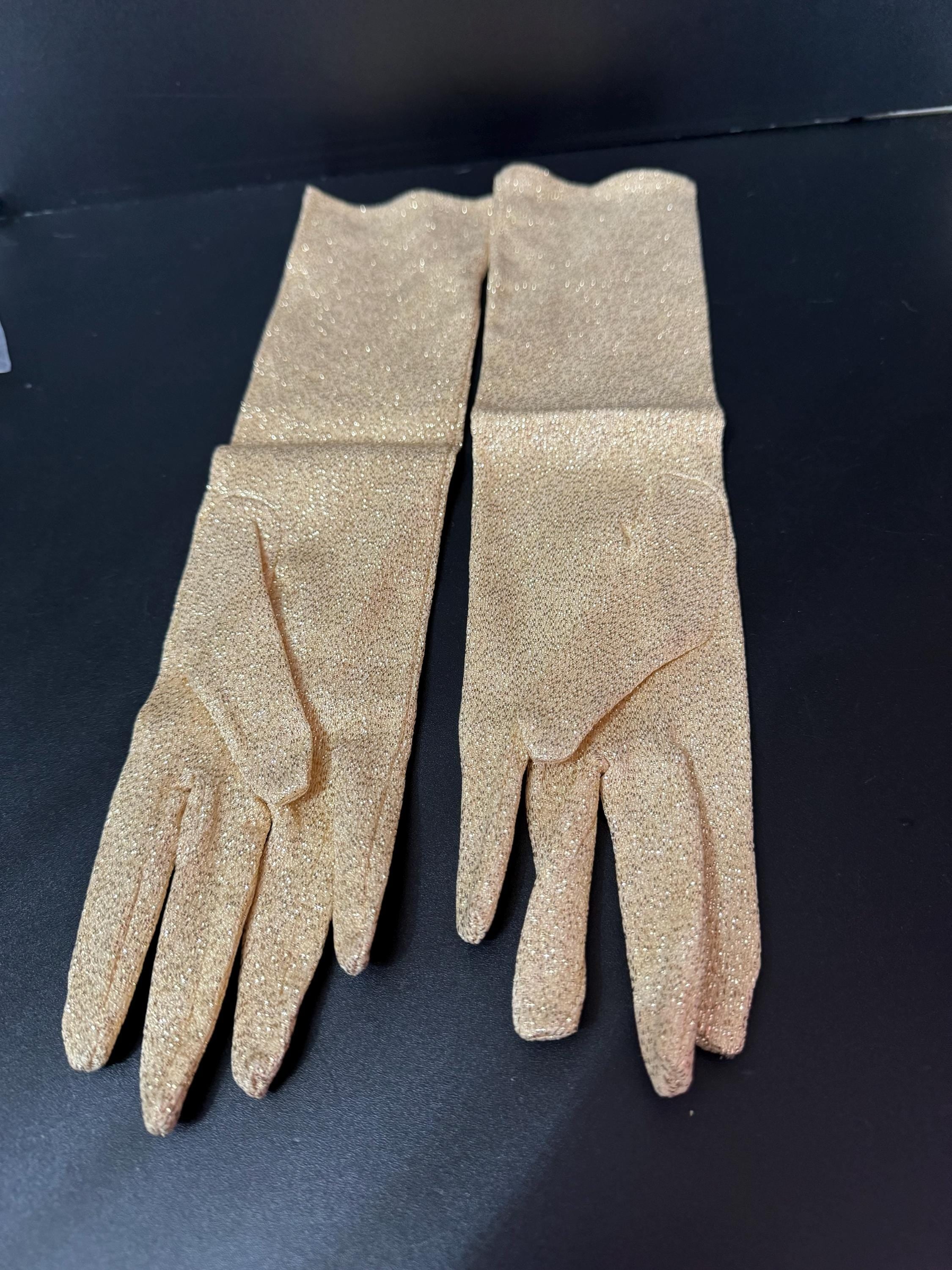Size 7 Vintage bright GOLD LUREX Cream Ivory Formal long cocktail evening Gloves 38cm