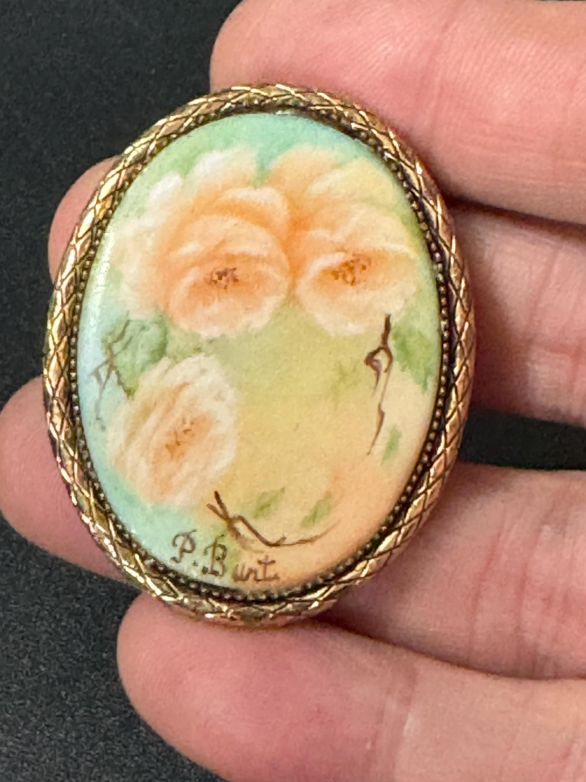 vintage 1983 fully signed Bunt hand painted oval porcelain floral portrait brooch