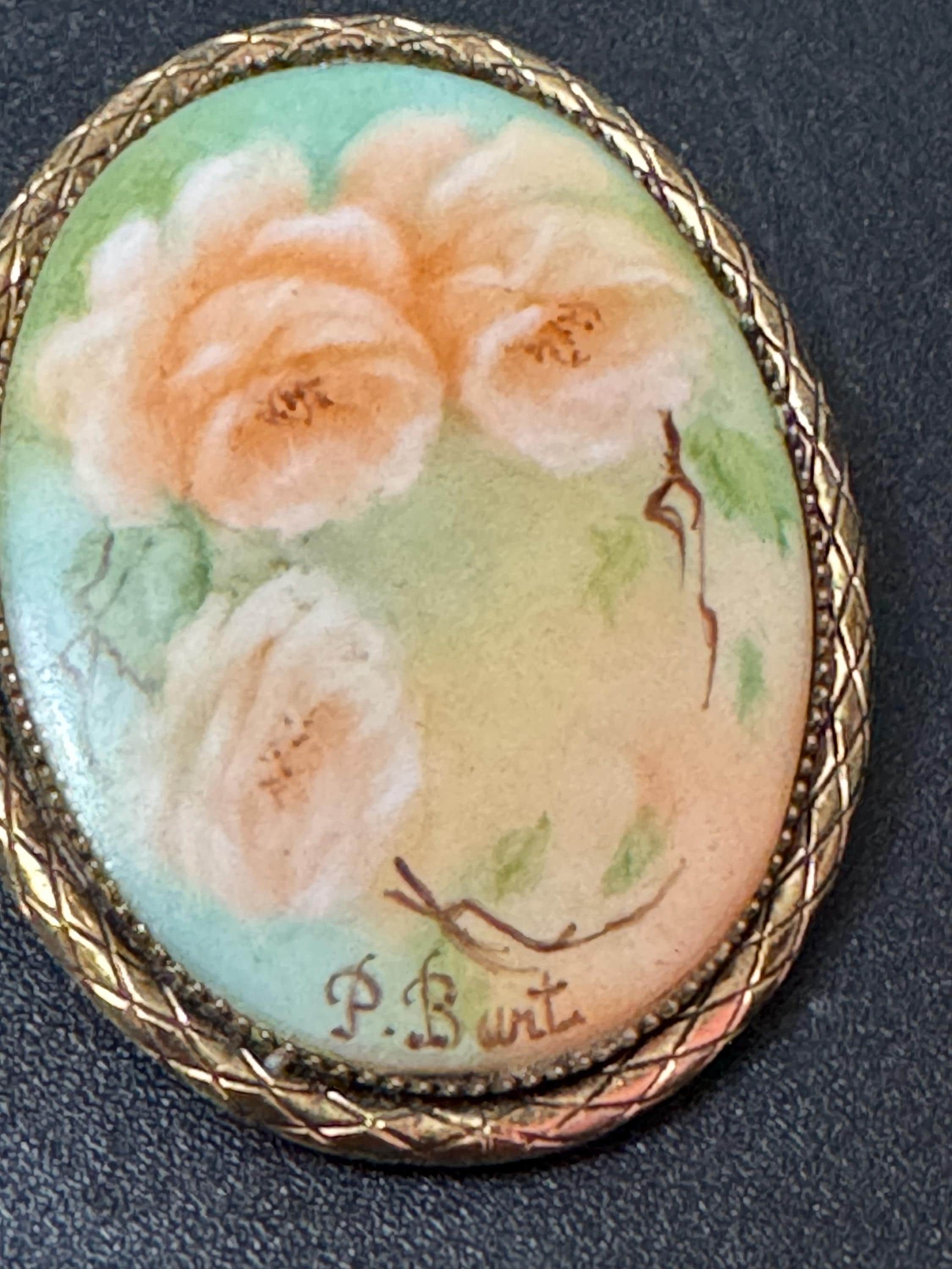 vintage 1983 fully signed Bunt hand painted oval porcelain floral portrait brooch