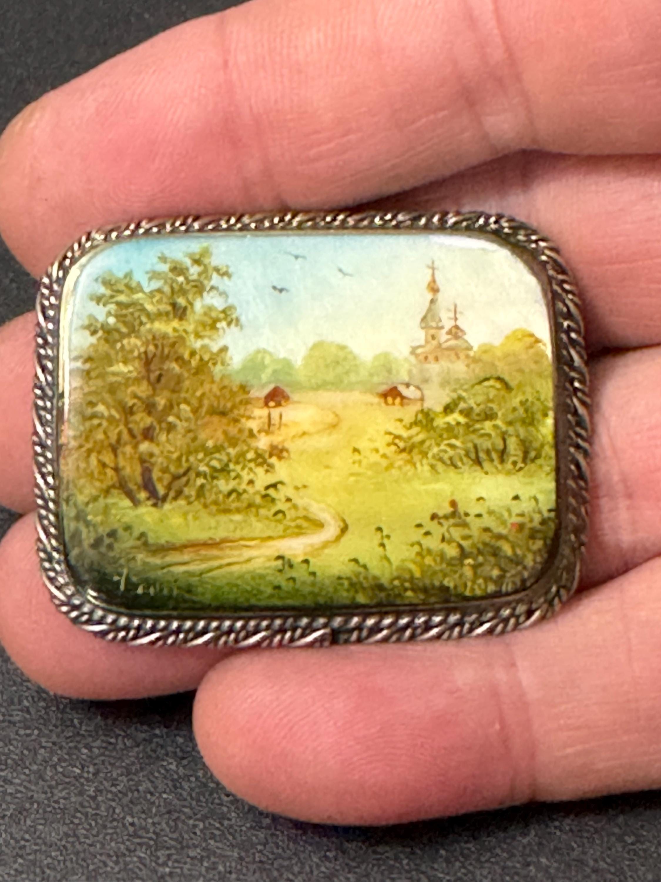 vintage hand painted on mother of pearl  country scene brooch silver tone