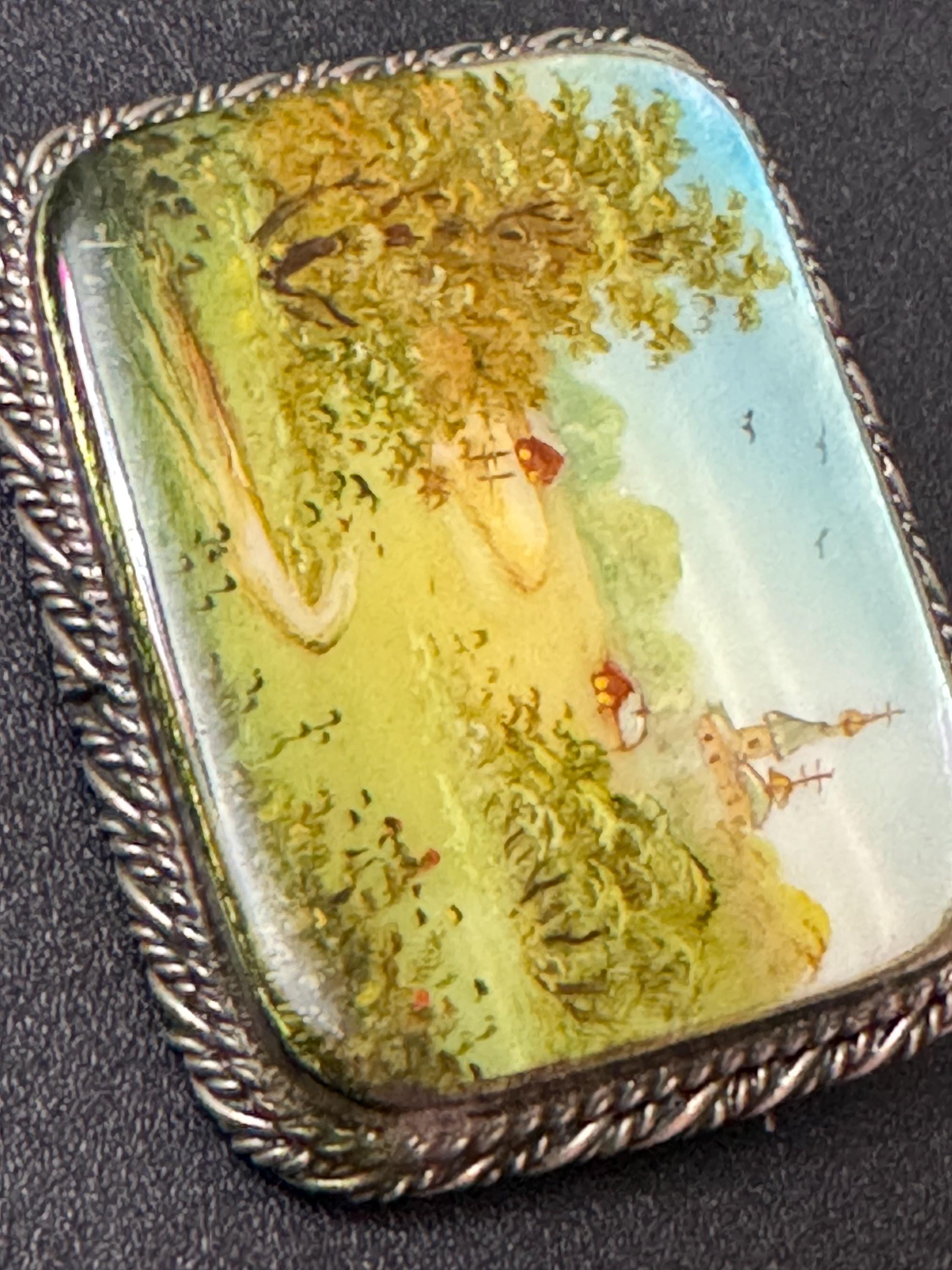 vintage hand painted on mother of pearl  country scene brooch silver tone