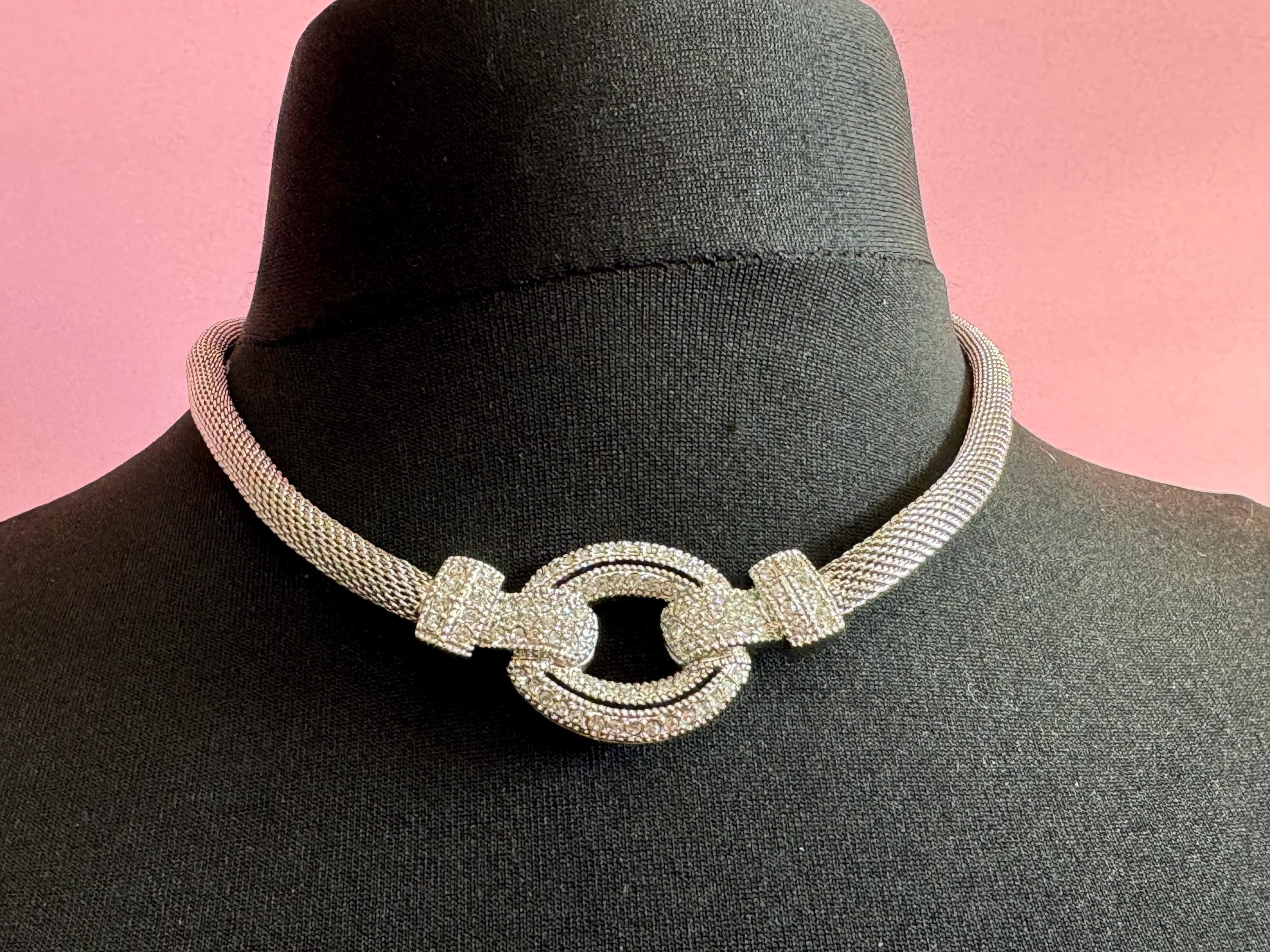 vintage camrose and kross silver plated mesh crystal diamanté collar necklace Jacqueline bouvier Kennedy