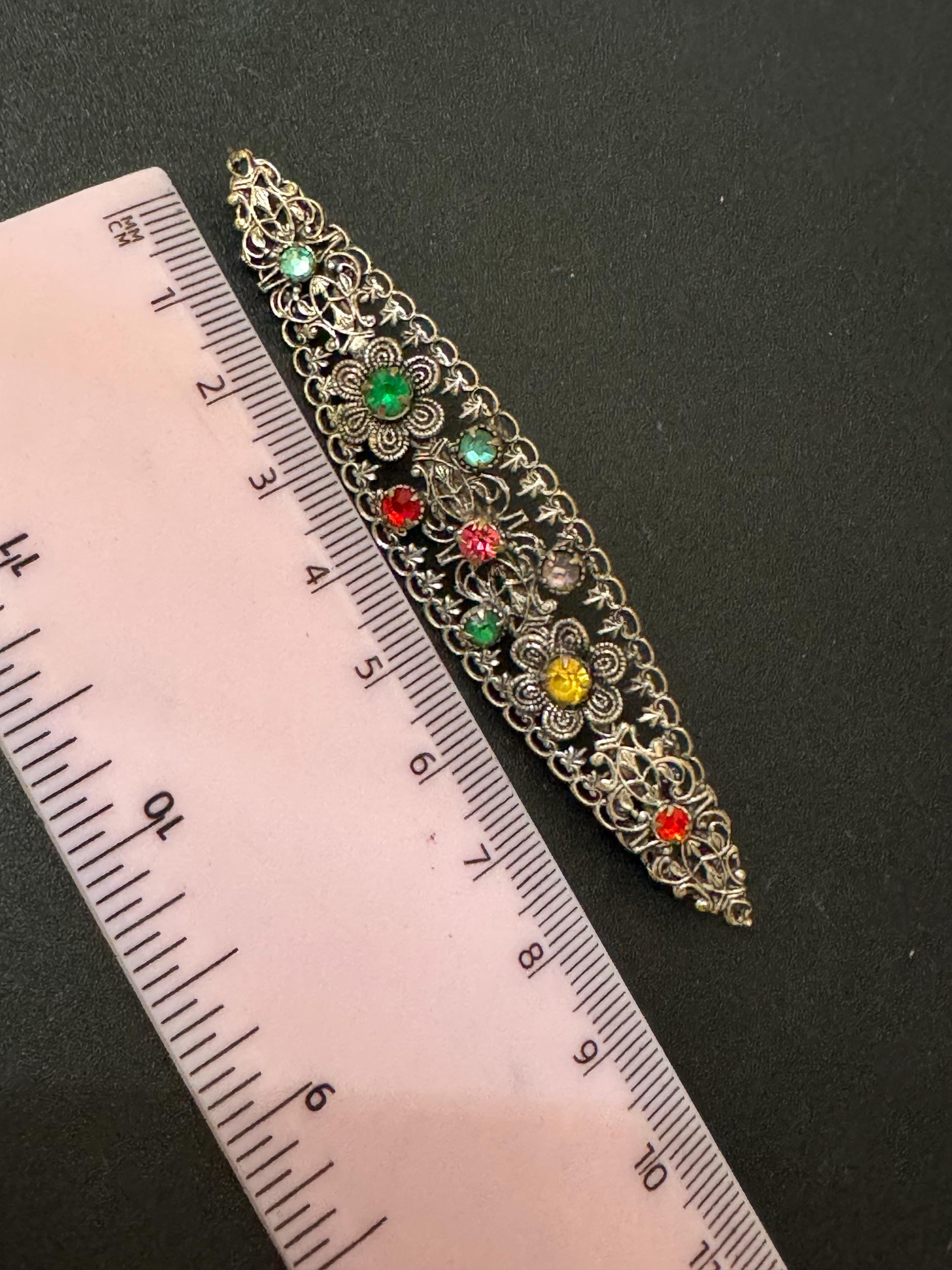 XL 9cm Huge Czech Filigree Antique Brooch Emerald ruby Paste Rhinestone Diamanté Vintage 1920s
