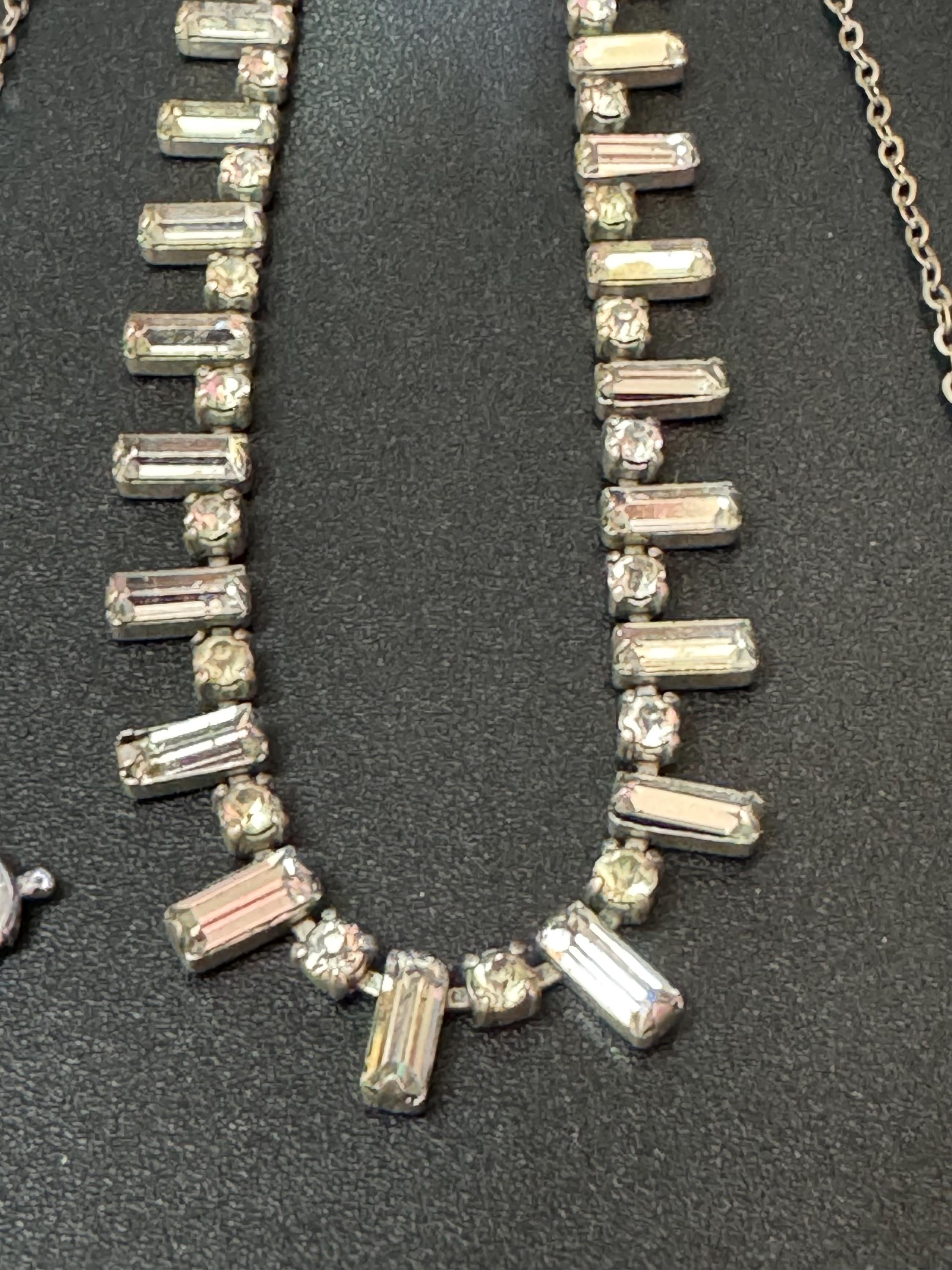 Vintage Art Deco Diamanté Necklace: Chrome Baguette Prong Set