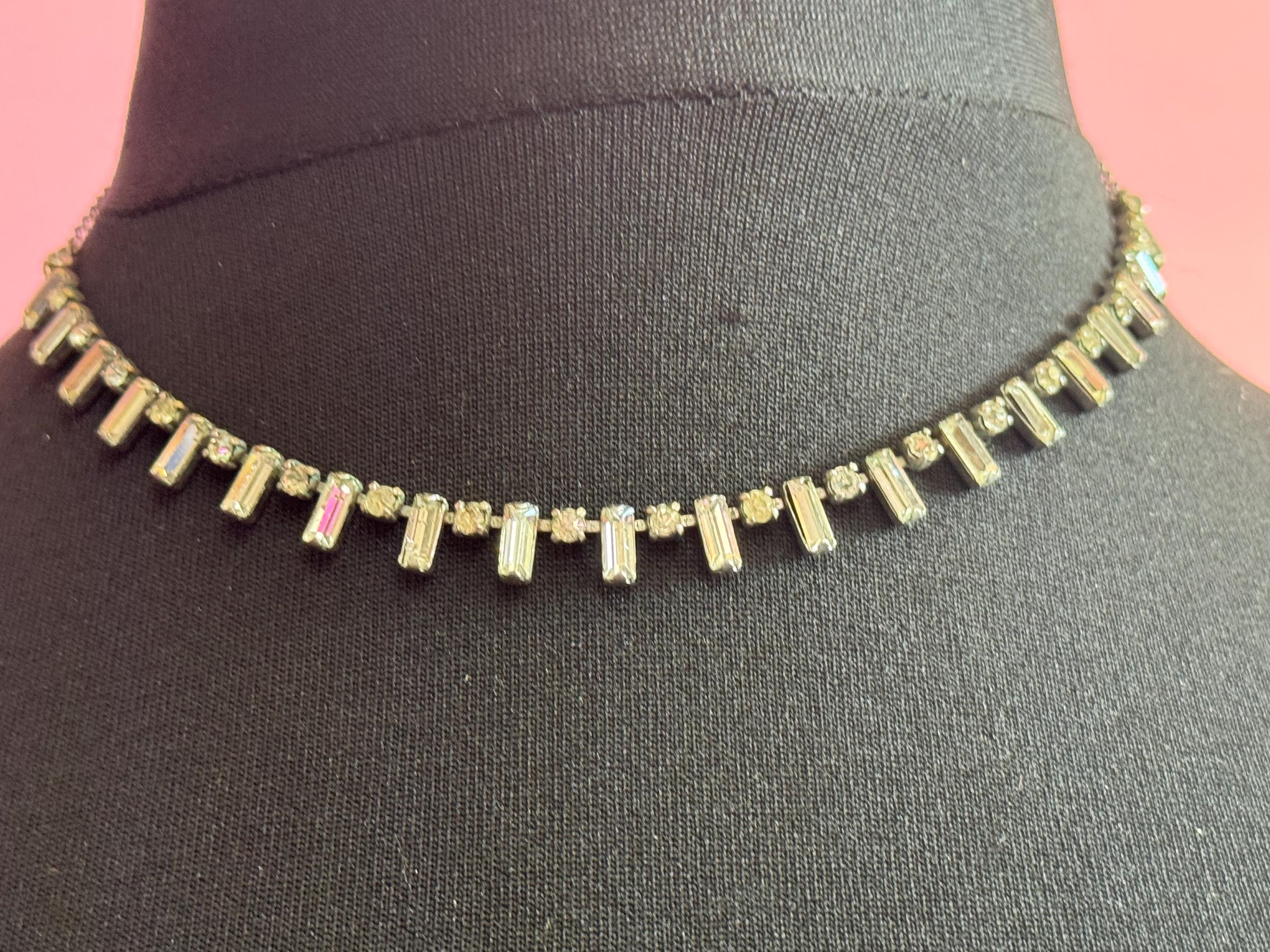 Vintage Art Deco Diamanté Necklace: Chrome Baguette Prong Set