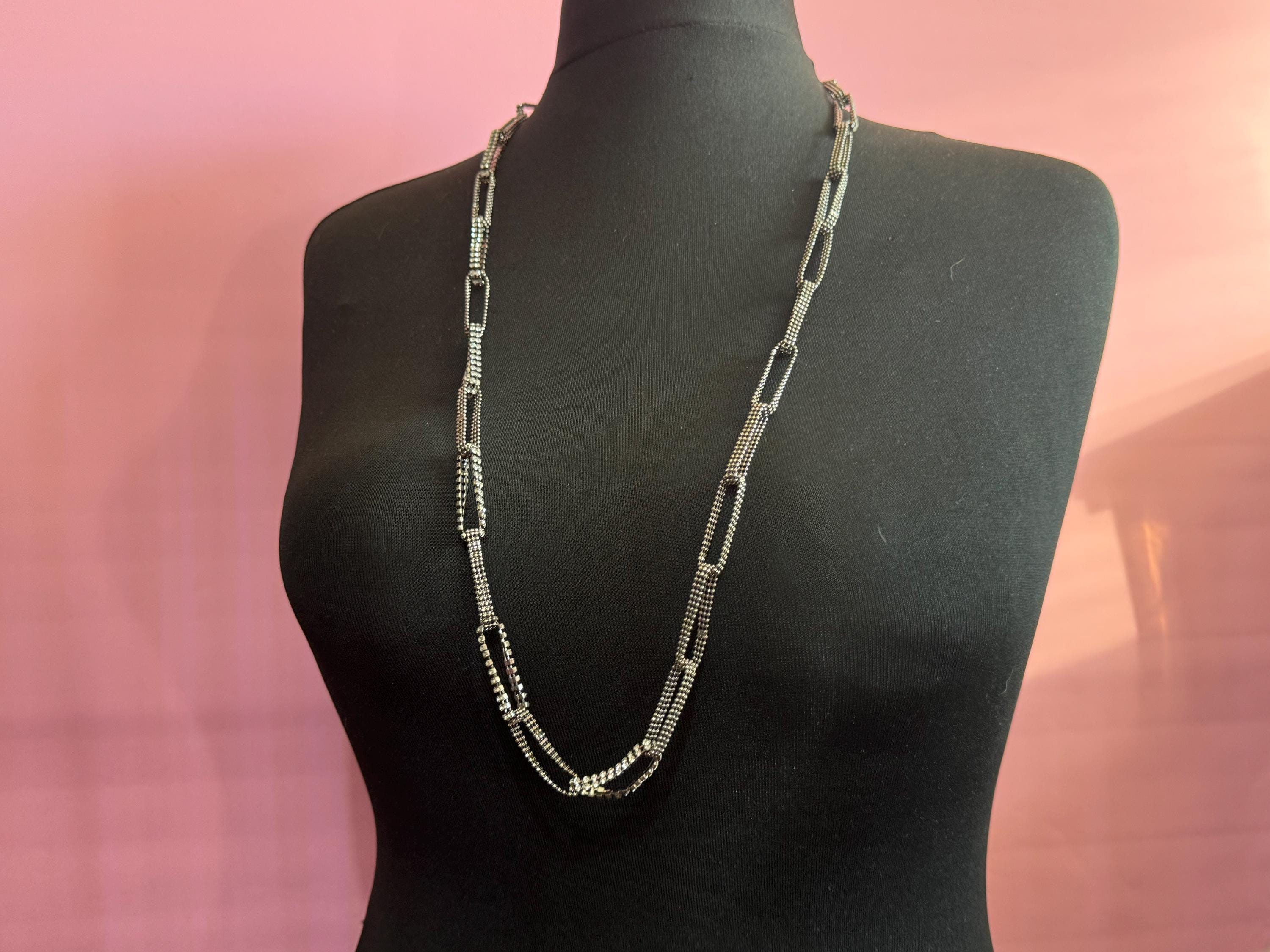 Retro modernist dark silver tone chain Link Crystal diamanté long necklace 90cm
