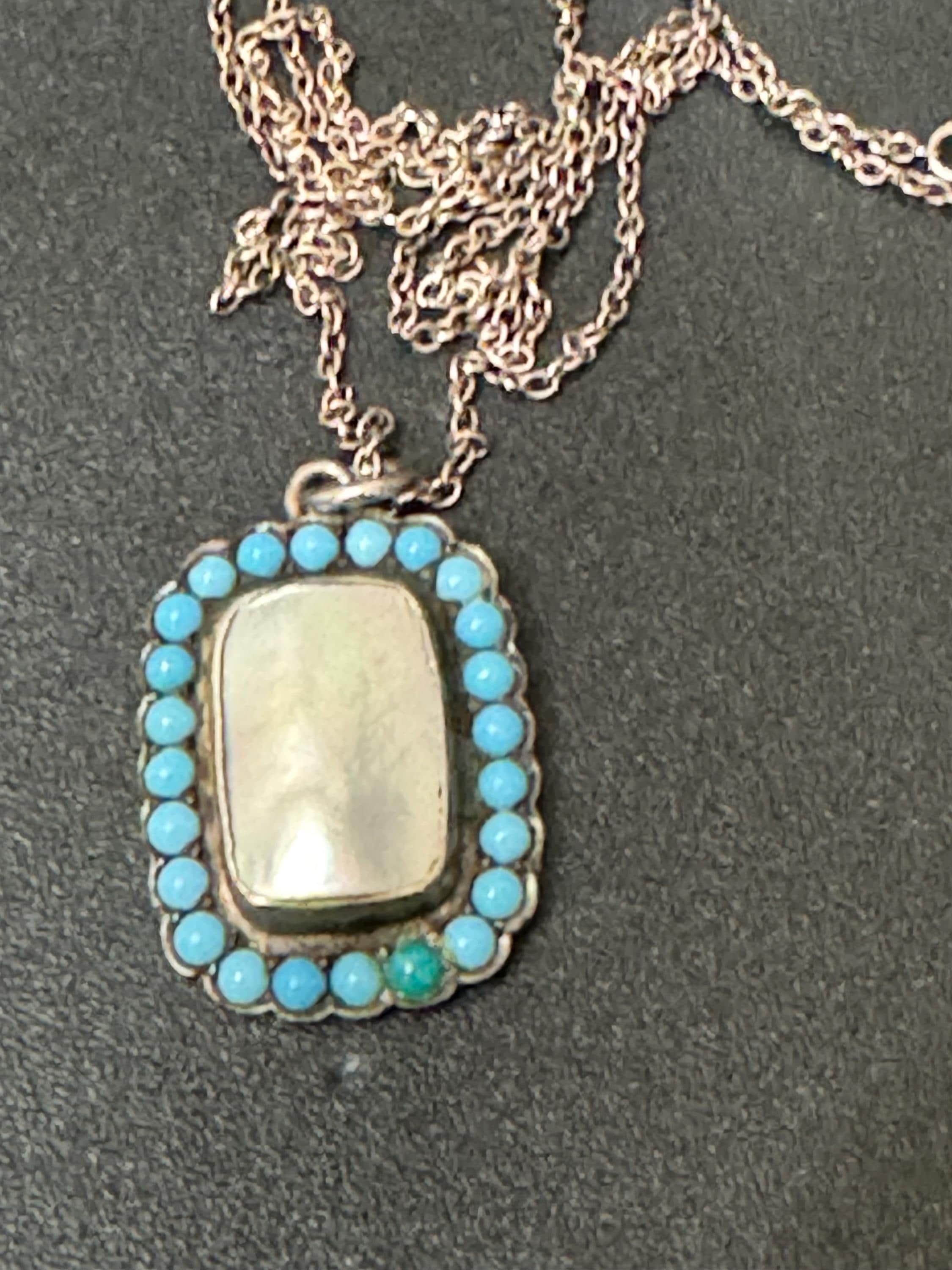Antique Edwardian silver and turquoise beaded pearl pendant on a fine 925 sterling chain 52cm