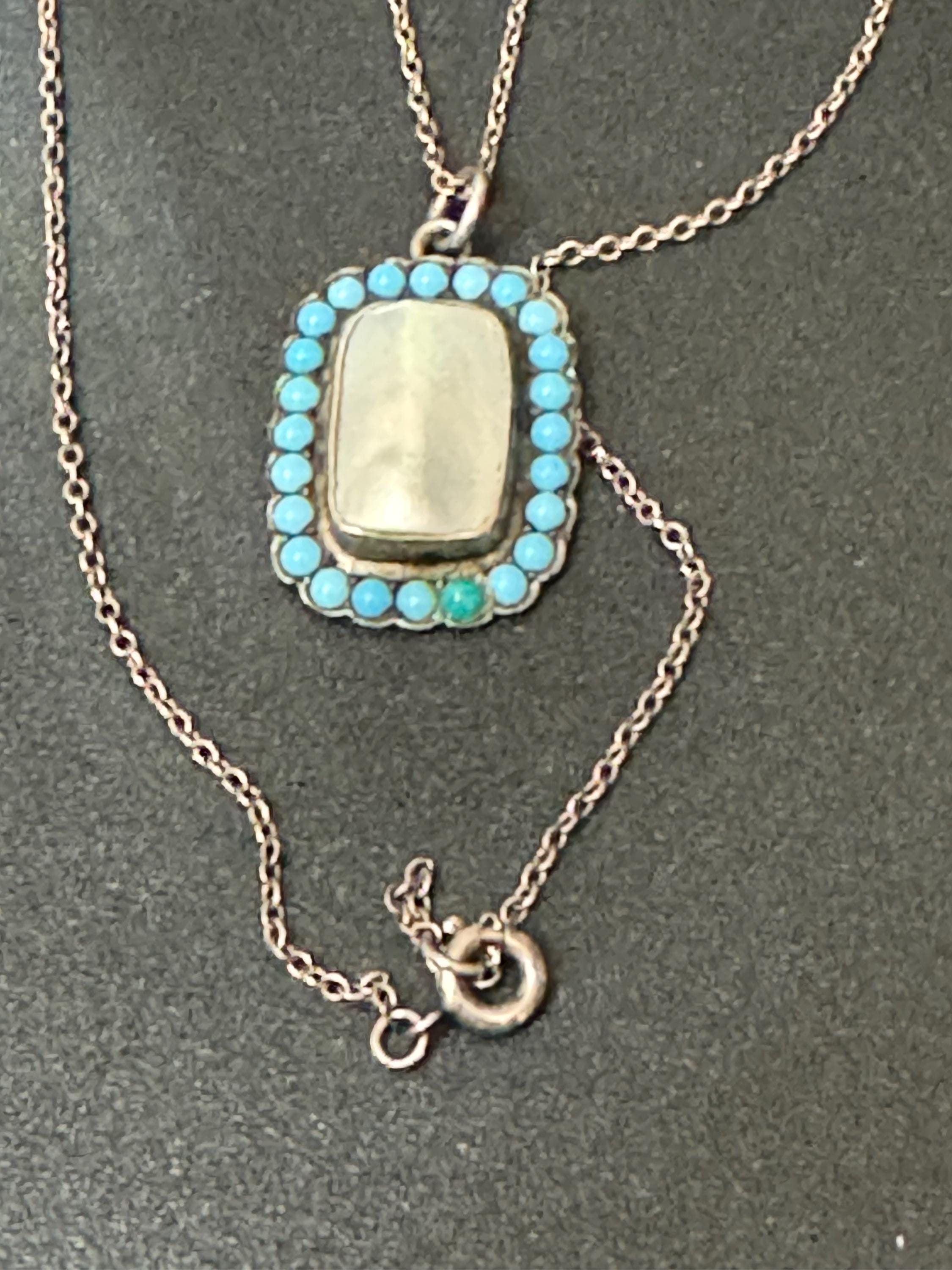 Antique Edwardian silver and turquoise beaded pearl pendant on a fine 925 sterling chain 52cm