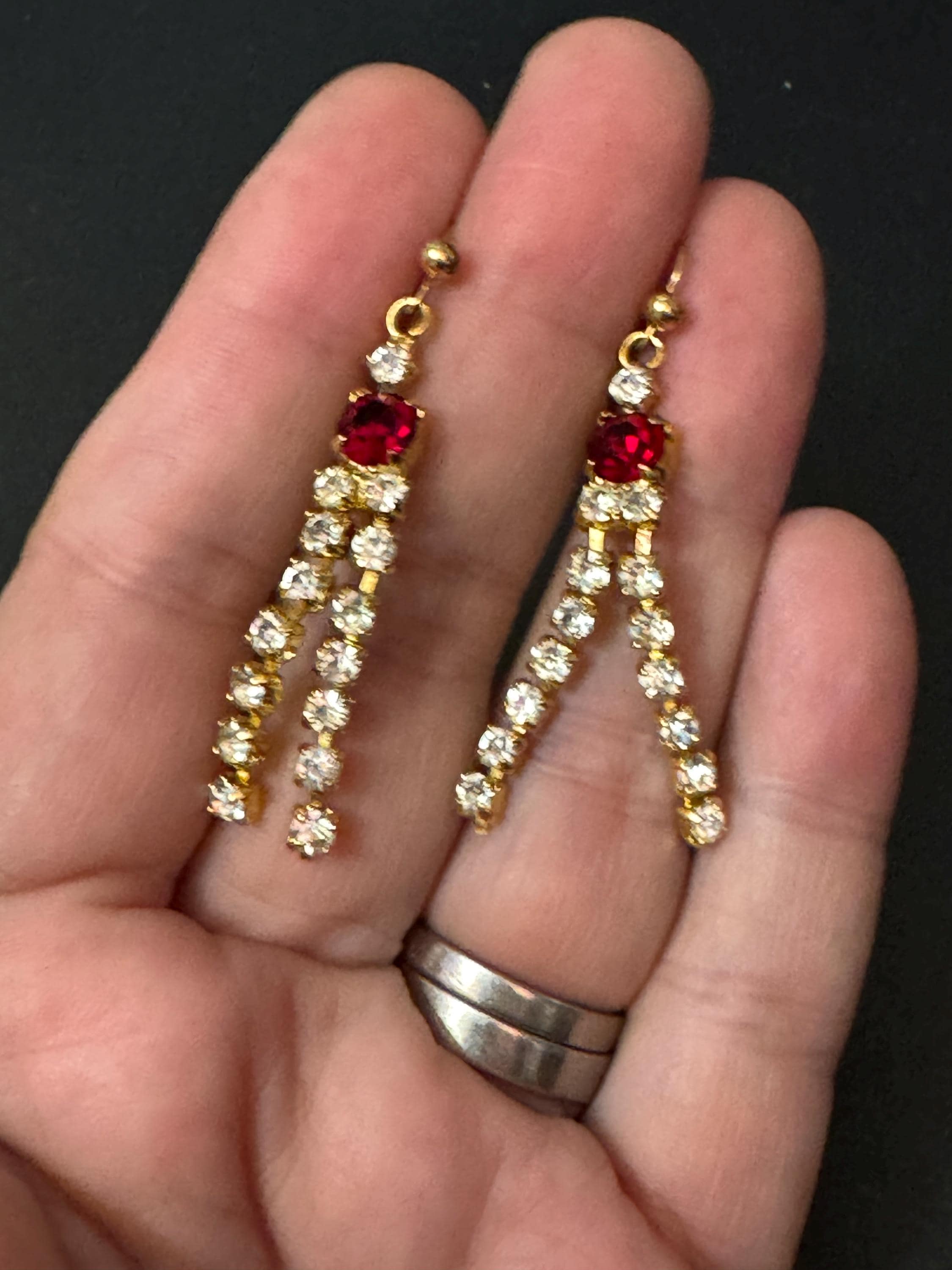 Vintage Faux ruby red glass diamanté crystal waterfall dangly drop earrings gold tone metal for pierced ears