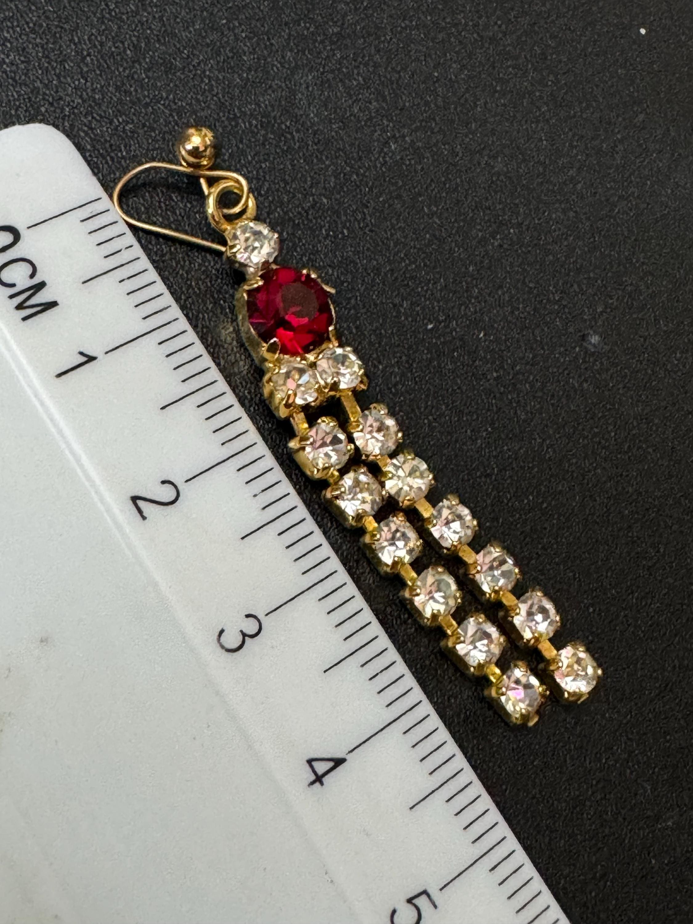Vintage Faux ruby red glass diamanté crystal waterfall dangly drop earrings gold tone metal for pierced ears
