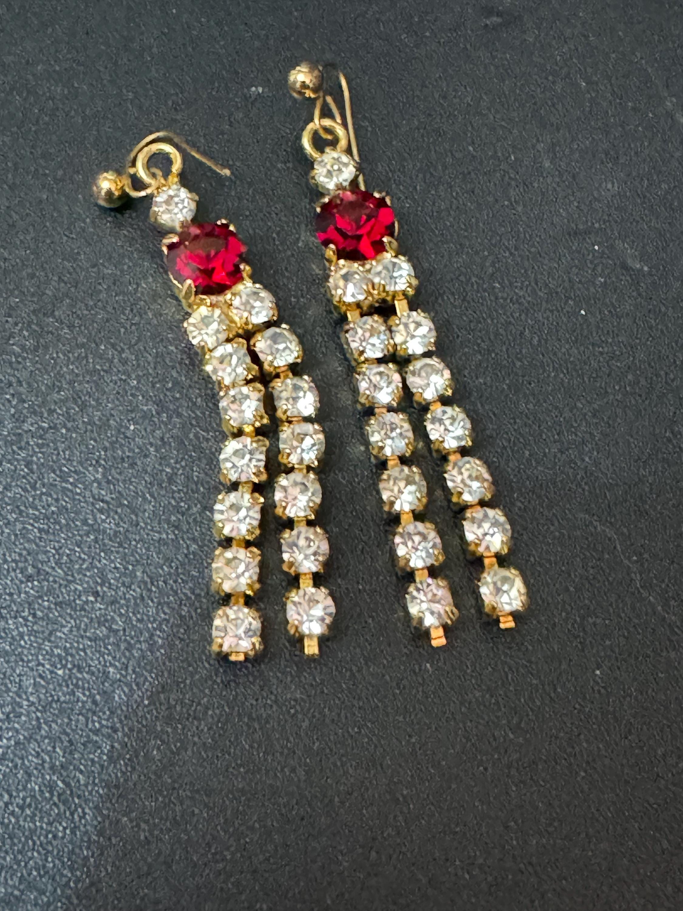Vintage Faux ruby red glass diamanté crystal waterfall dangly drop earrings gold tone metal for pierced ears