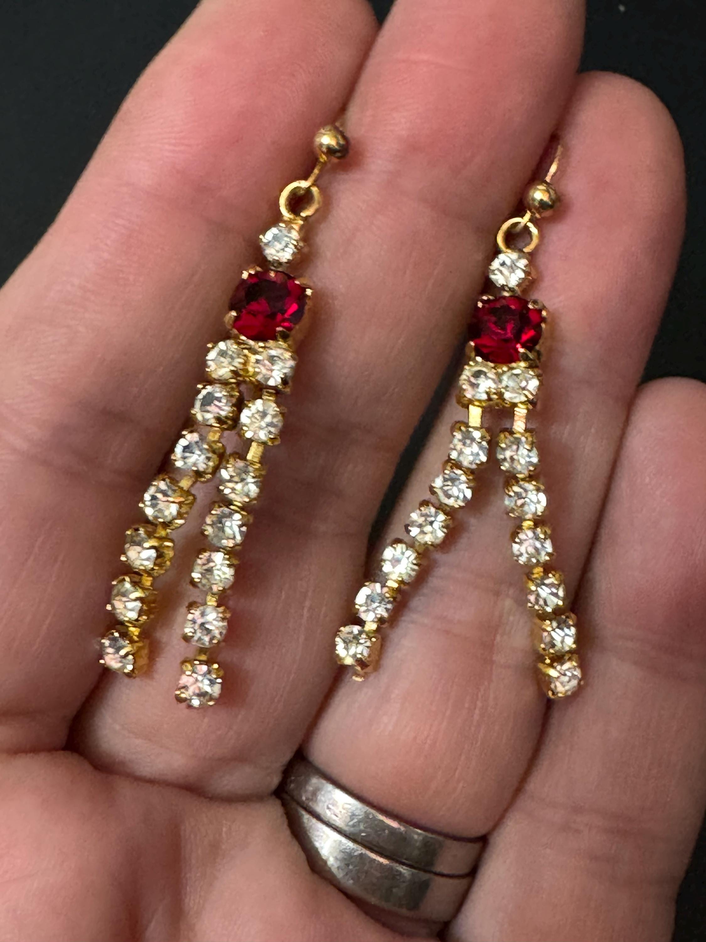 Vintage Faux ruby red glass diamanté crystal waterfall dangly drop earrings gold tone metal for pierced ears