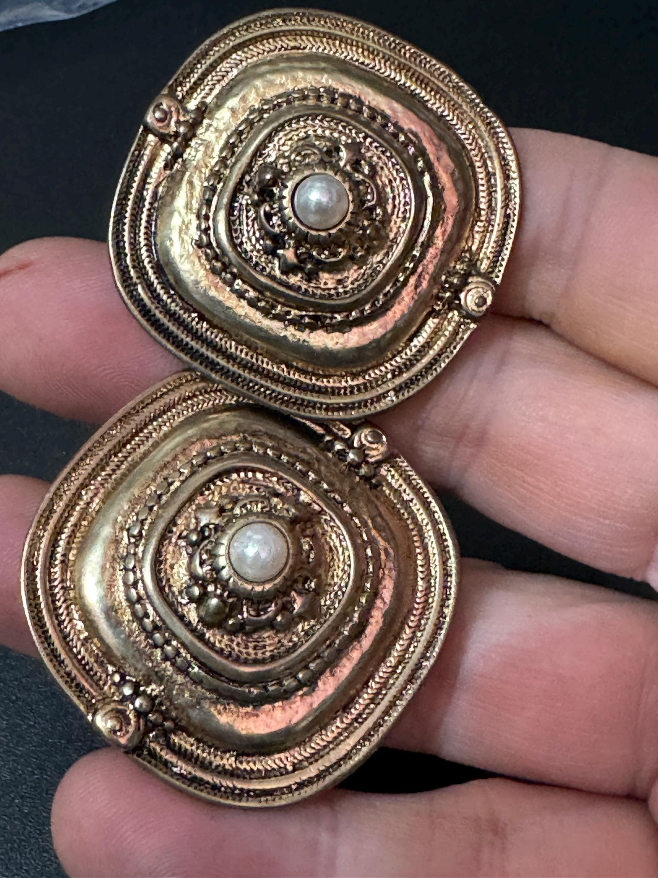 Vintage oversized Etruscan domed square clip on earrings with central faux pearl