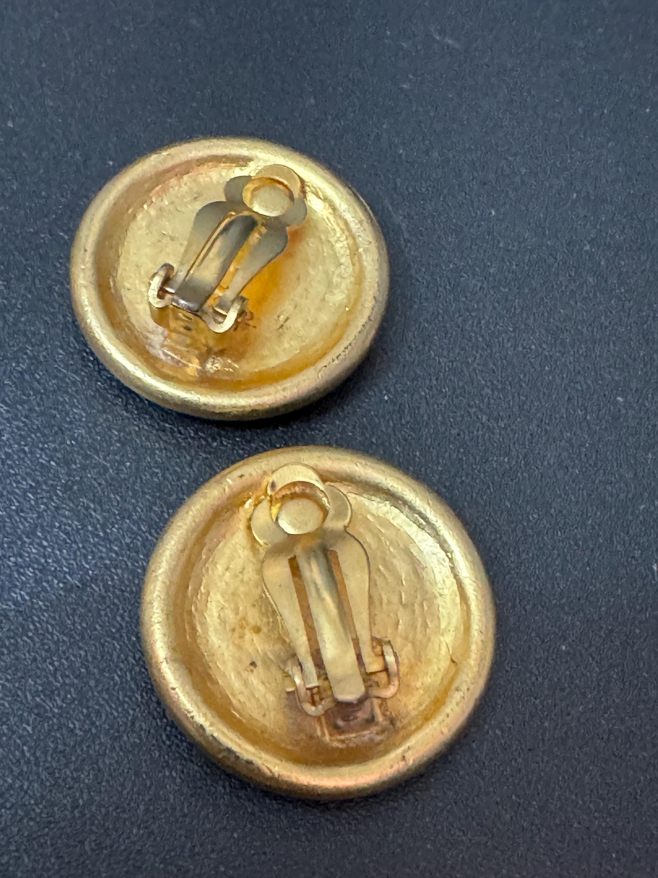 Etruscan style Matt gold statement black round Coin clip on earrings