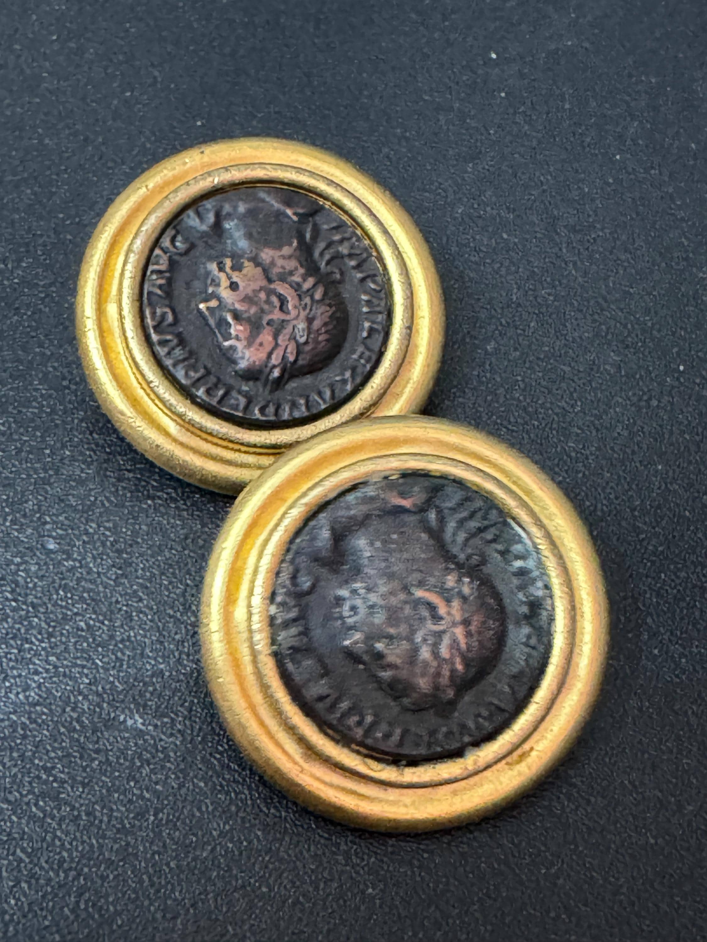 Etruscan style Matt gold statement black round Coin clip on earrings