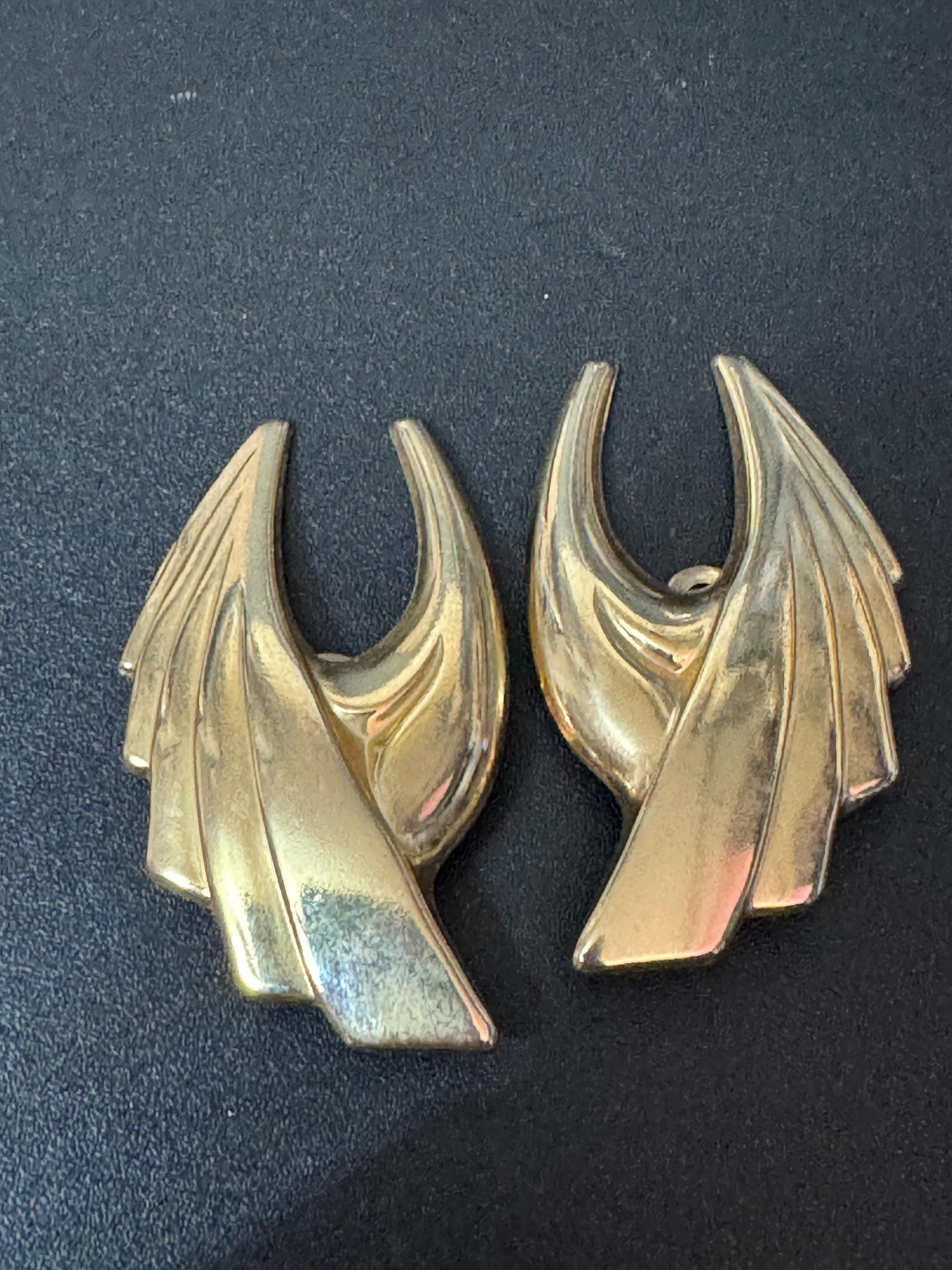 Vintage Art Deco Winged Gold Tone Clip On Earrings