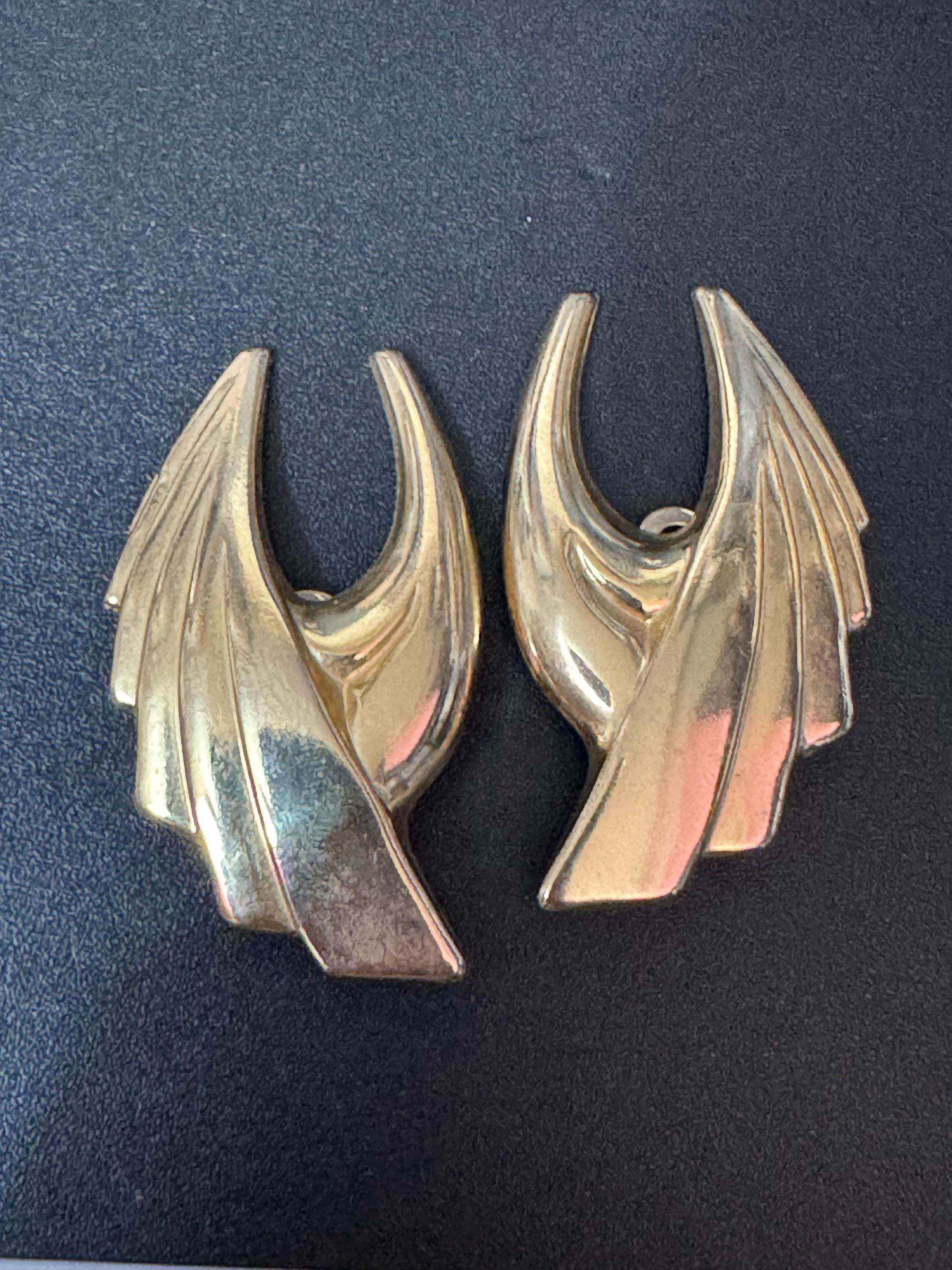 Vintage Art Deco Winged Gold Tone Clip On Earrings