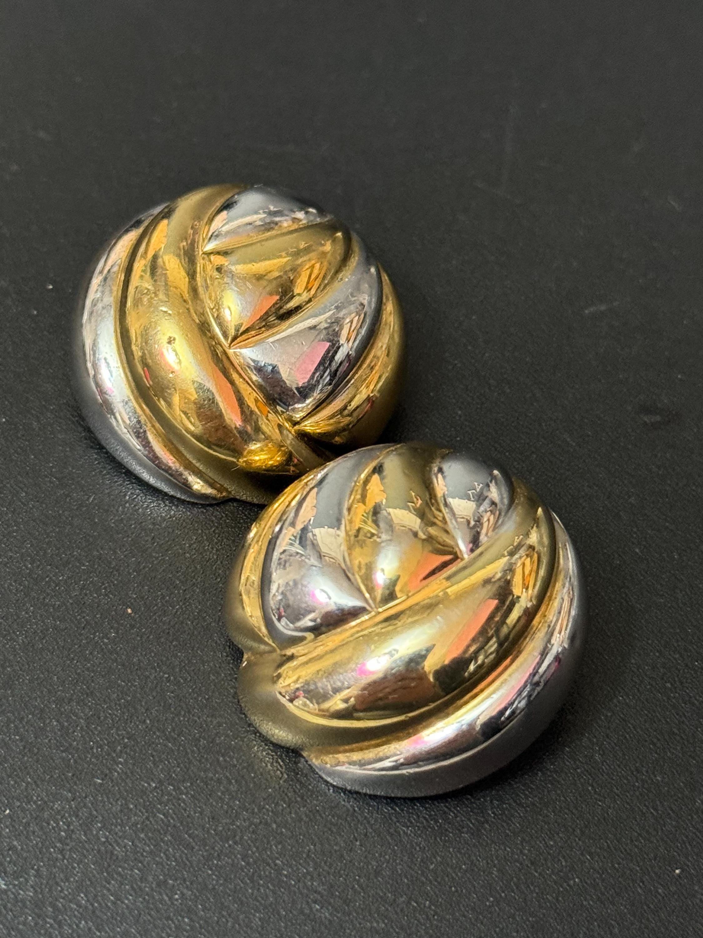 Signed Adrienne Vittadini retro 1980s high end large silver gold domed clip on earrings