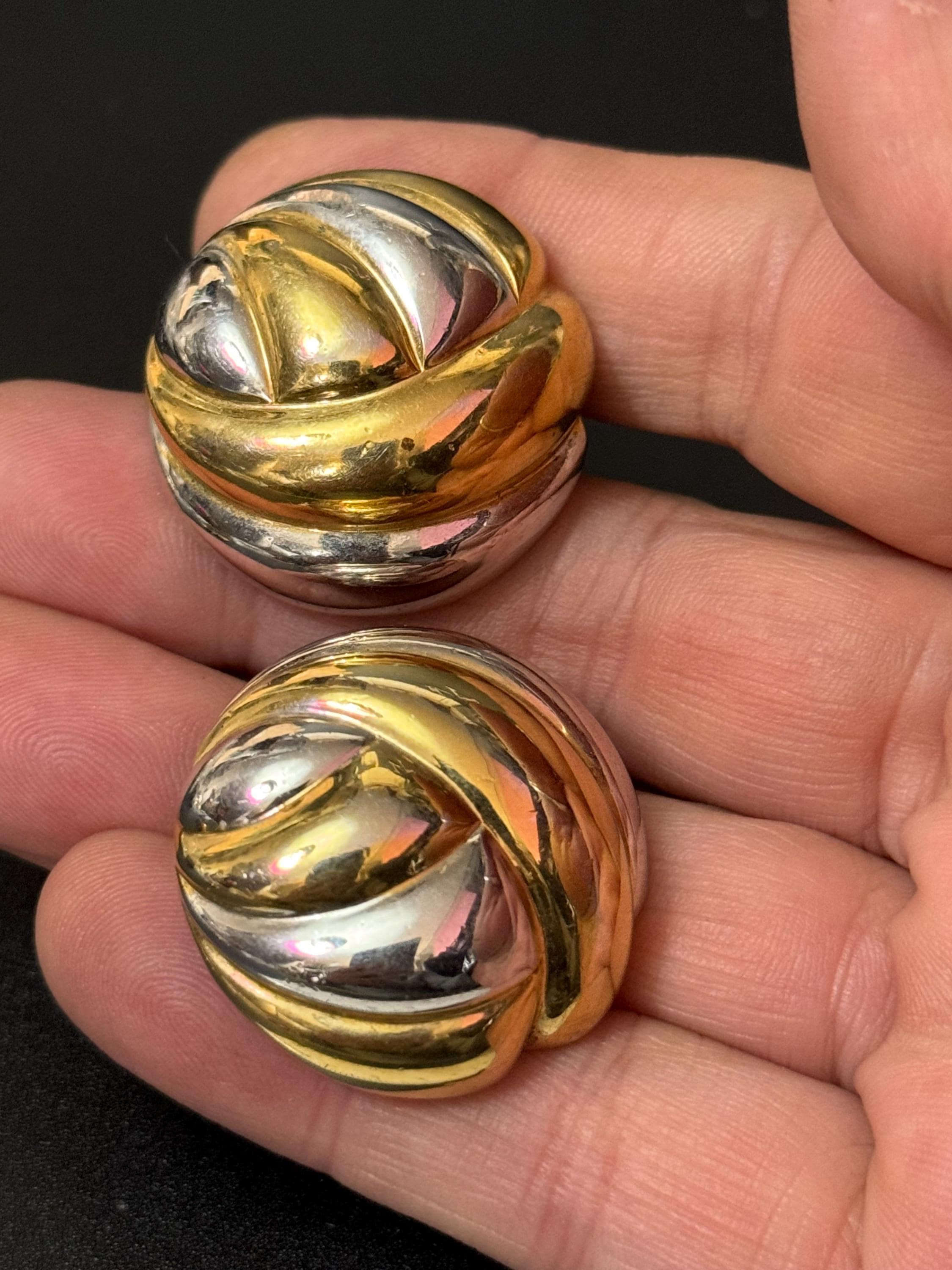 Signed Adrienne Vittadini retro 1980s high end large silver gold domed clip on earrings