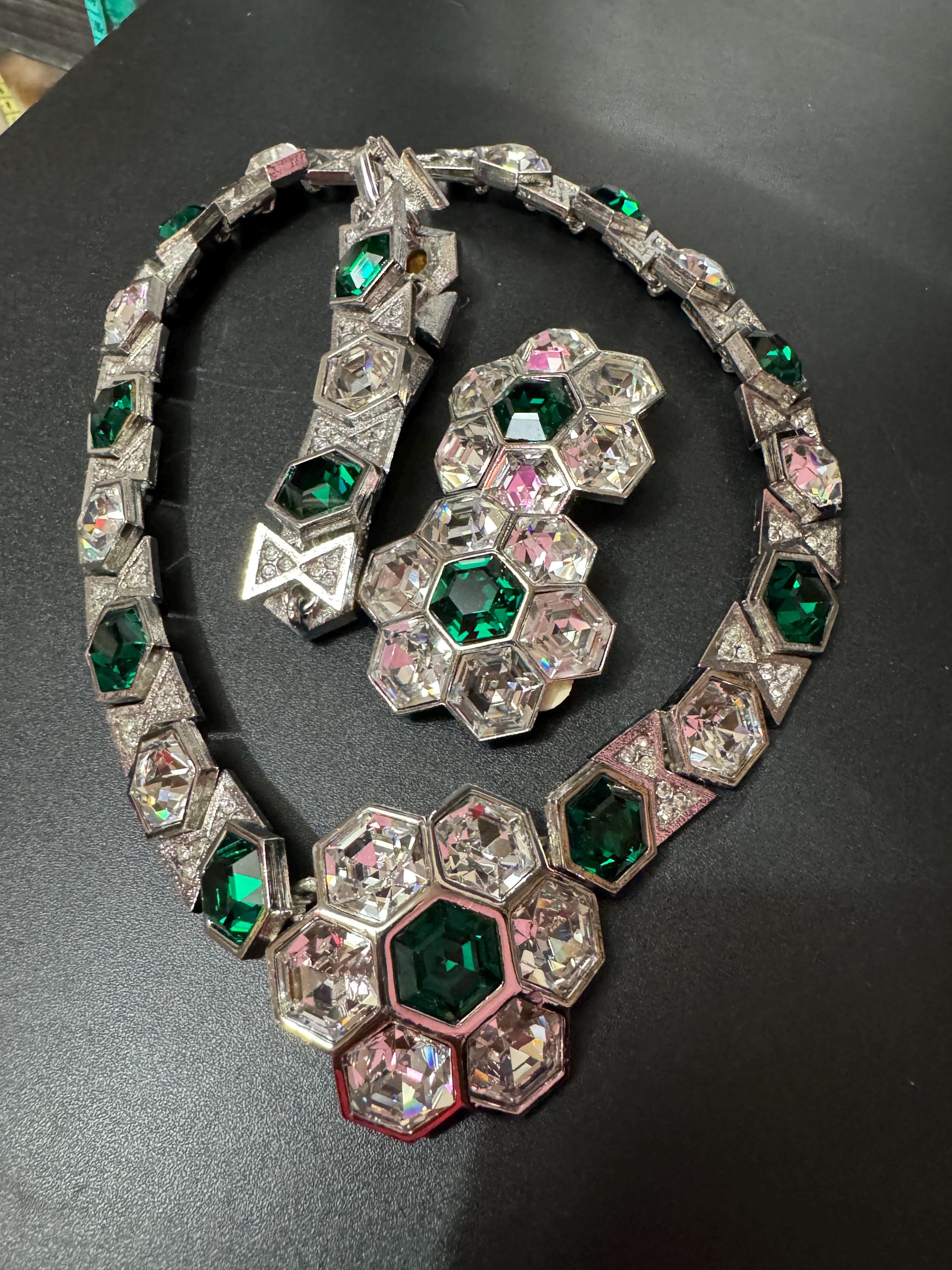 vintage Diamanté gold tone octagonal emerald green Swarovski crystal cocktail necklace and matching clip on earrings jewellery set