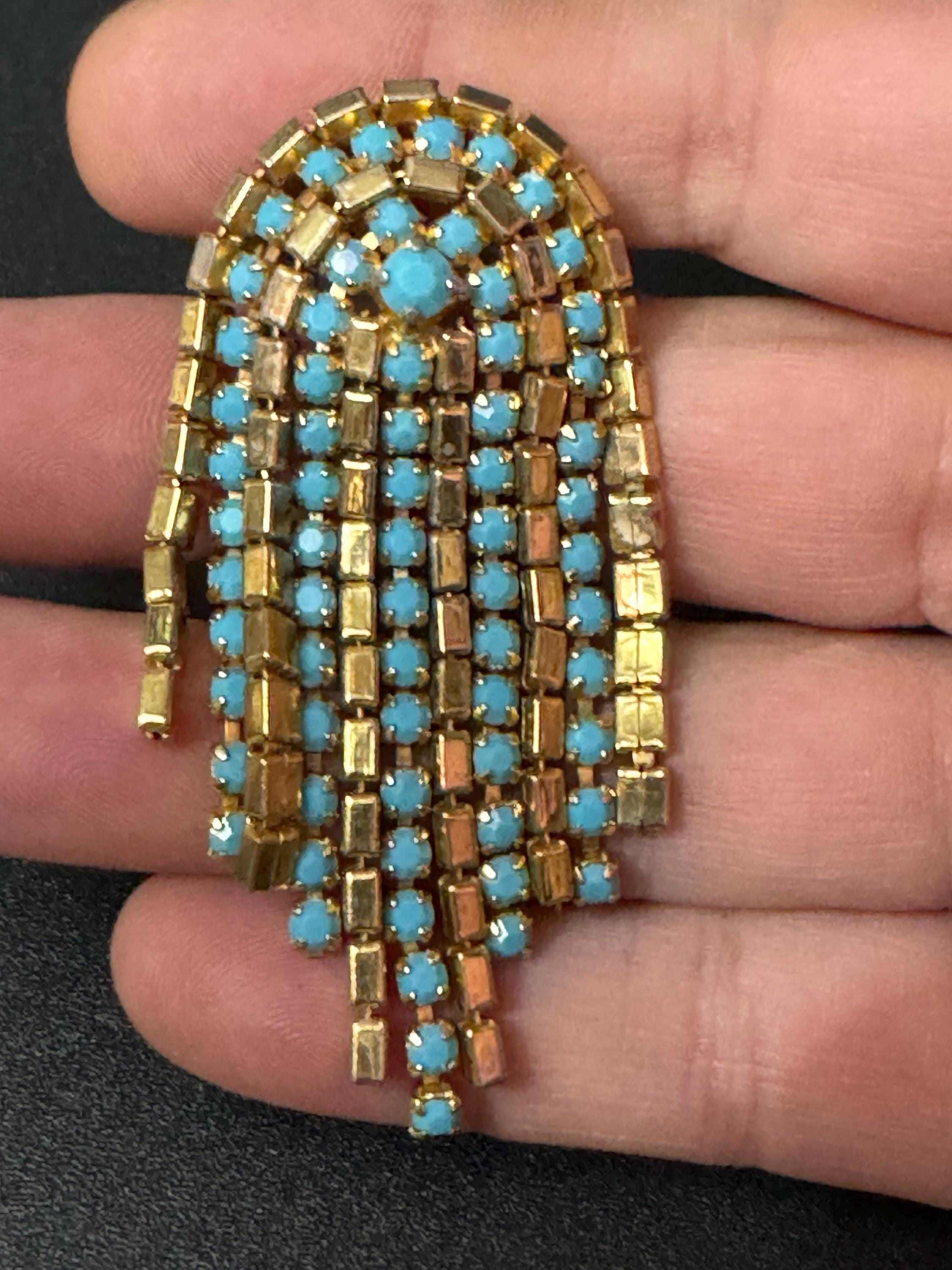 vintage modernist mid century gold tone mesh turquoise beaded abstract drop brooch 1960s 1970s