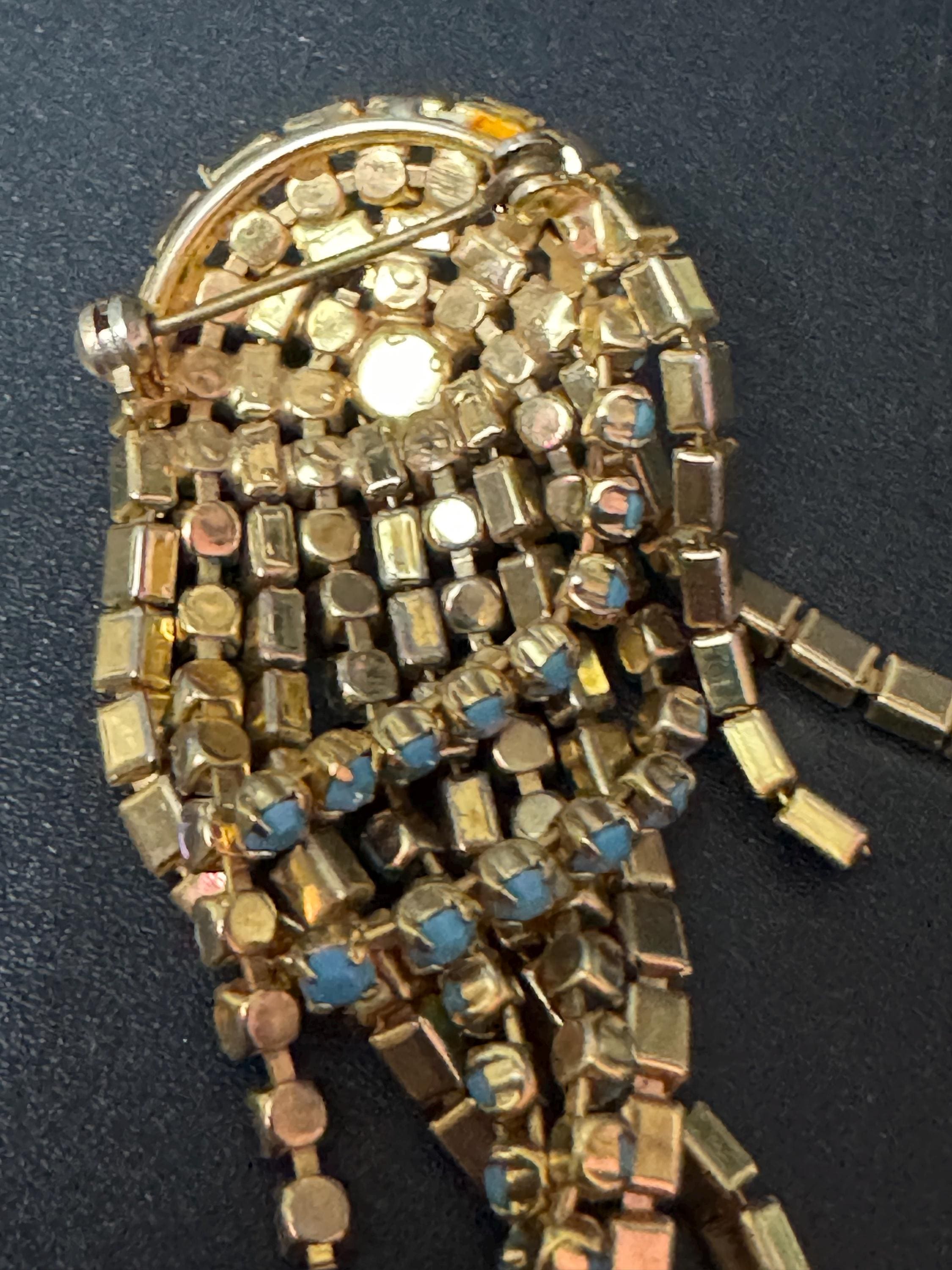 vintage modernist mid century gold tone mesh turquoise beaded abstract drop brooch 1960s 1970s
