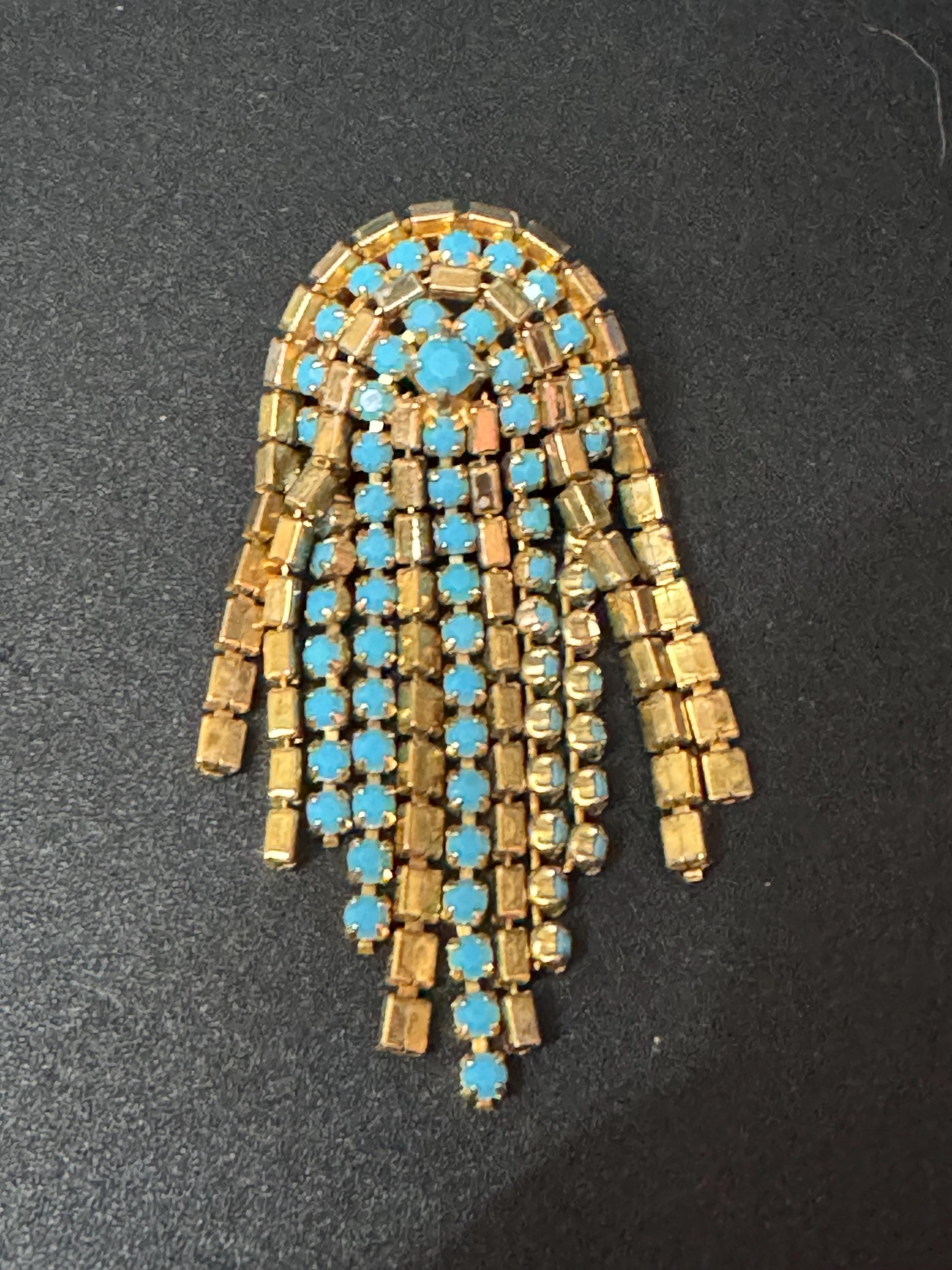 vintage modernist mid century gold tone mesh turquoise beaded abstract drop brooch 1960s 1970s