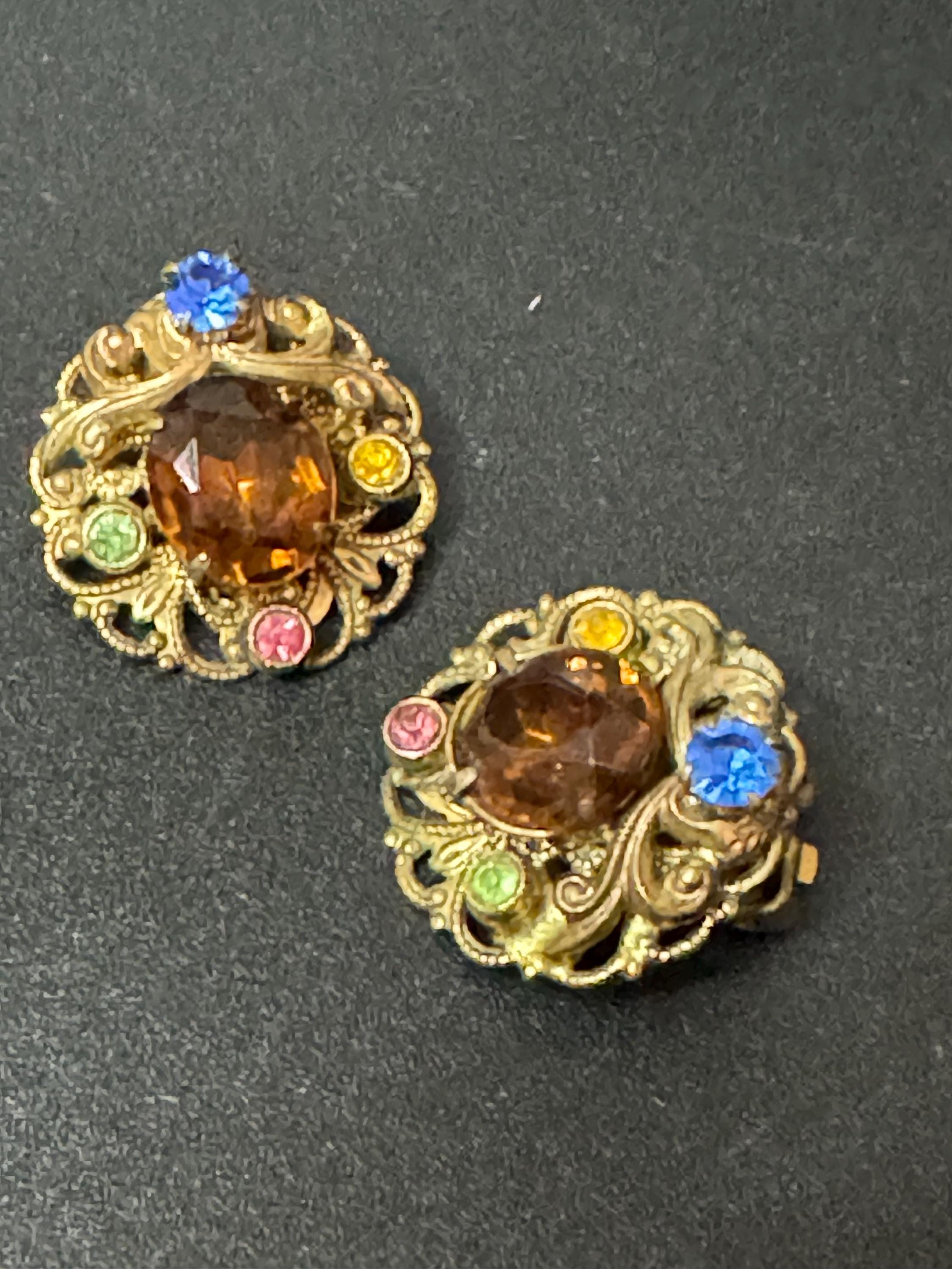 Antique Czech filigree Clip on earrings with cognac brown paste diamanté