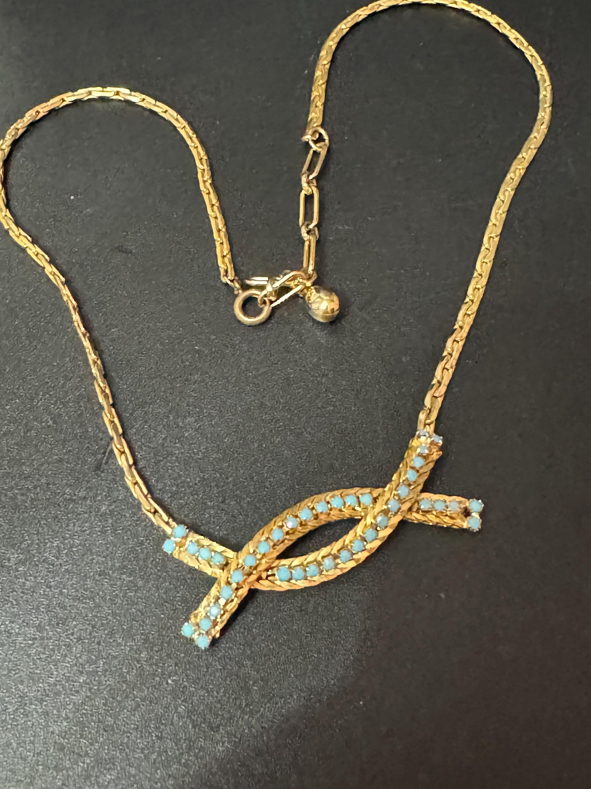 Vintage gold tone mesh collar necklace with turquoise glass paste stones